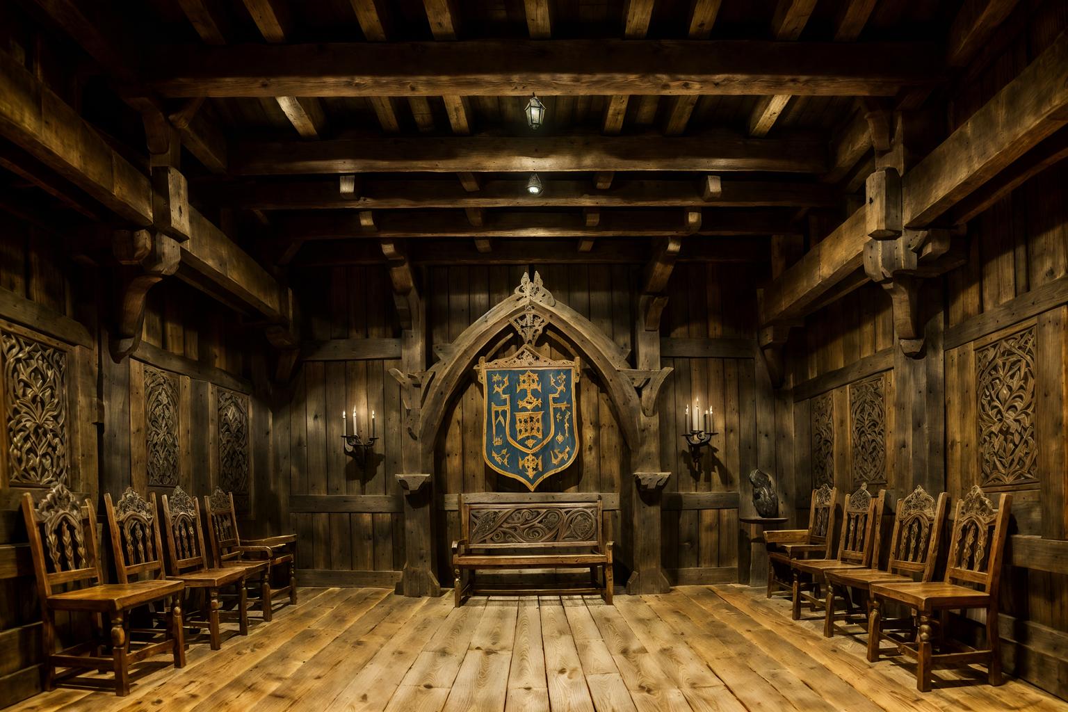 medieval-style (exhibition space interior) . with carved wooden chairs and medieval shields on the wall and heavy furniture pieces and timber beams and castle interior and stone or wooden floor and gothic appearance and carved wooden benches. . cinematic photo, highly detailed, cinematic lighting, ultra-detailed, ultrarealistic, photorealism, 8k. medieval interior design style. masterpiece, cinematic light, ultrarealistic+, photorealistic+, 8k, raw photo, realistic, sharp focus on eyes, (symmetrical eyes), (intact eyes), hyperrealistic, highest quality, best quality, , highly detailed, masterpiece, best quality, extremely detailed 8k wallpaper, masterpiece, best quality, ultra-detailed, best shadow, detailed background, detailed face, detailed eyes, high contrast, best illumination, detailed face, dulux, caustic, dynamic angle, detailed glow. dramatic lighting. highly detailed, insanely detailed hair, symmetrical, intricate details, professionally retouched, 8k high definition. strong bokeh. award winning photo.