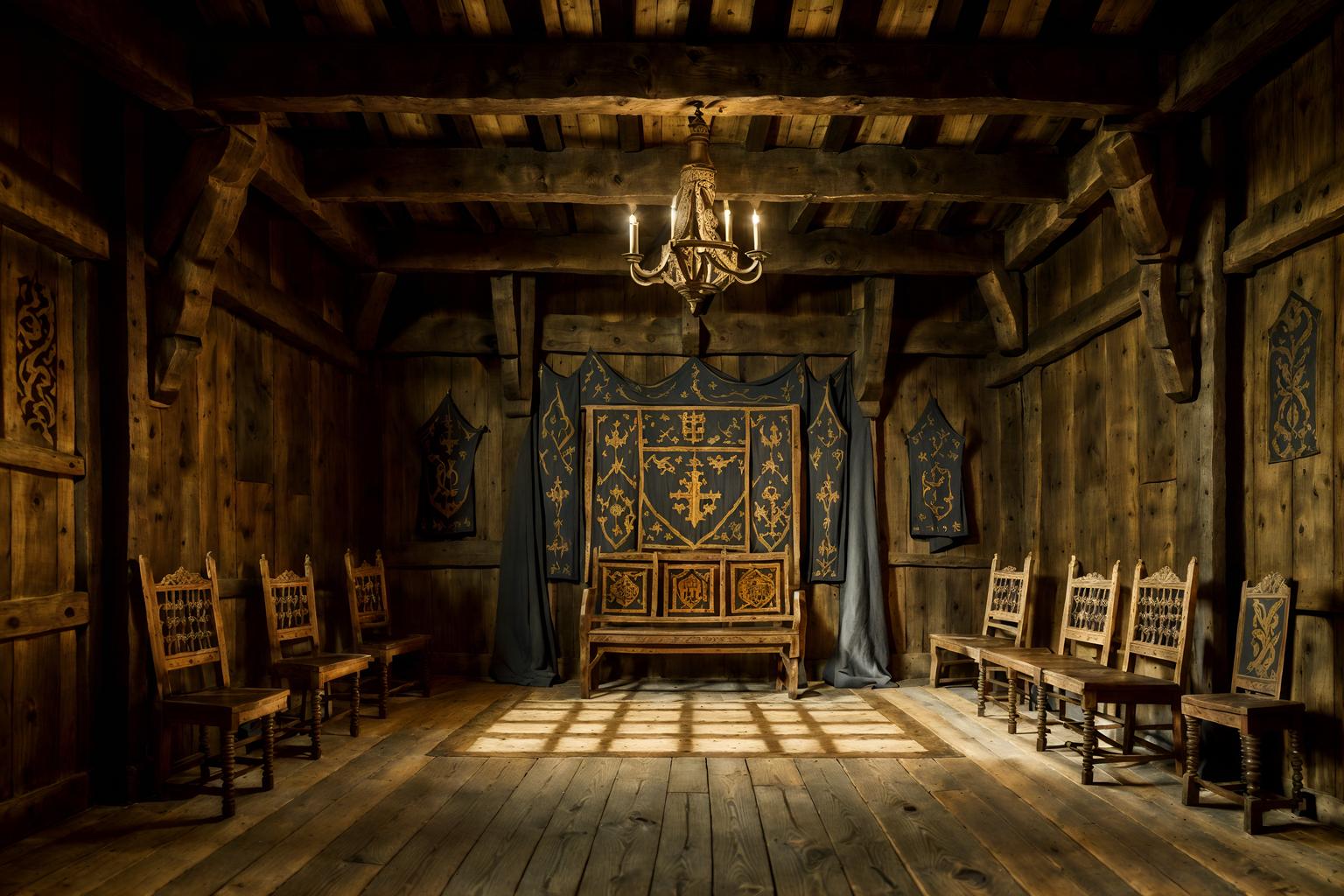 medieval-style (exhibition space interior) . with carved wooden chairs and medieval shields on the wall and heavy furniture pieces and timber beams and castle interior and stone or wooden floor and gothic appearance and carved wooden benches. . cinematic photo, highly detailed, cinematic lighting, ultra-detailed, ultrarealistic, photorealism, 8k. medieval interior design style. masterpiece, cinematic light, ultrarealistic+, photorealistic+, 8k, raw photo, realistic, sharp focus on eyes, (symmetrical eyes), (intact eyes), hyperrealistic, highest quality, best quality, , highly detailed, masterpiece, best quality, extremely detailed 8k wallpaper, masterpiece, best quality, ultra-detailed, best shadow, detailed background, detailed face, detailed eyes, high contrast, best illumination, detailed face, dulux, caustic, dynamic angle, detailed glow. dramatic lighting. highly detailed, insanely detailed hair, symmetrical, intricate details, professionally retouched, 8k high definition. strong bokeh. award winning photo.