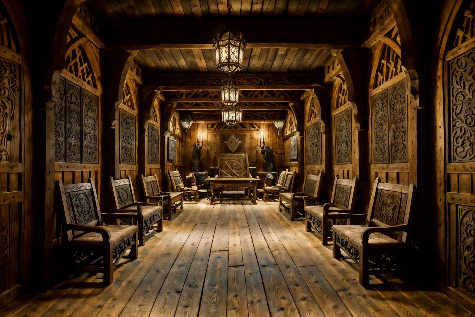 medieval-style (exhibition space interior) . with carved wooden chairs and medieval shields on the wall and heavy furniture pieces and timber beams and castle interior and stone or wooden floor and gothic appearance and carved wooden benches. . cinematic photo, highly detailed, cinematic lighting, ultra-detailed, ultrarealistic, photorealism, 8k. medieval interior design style. masterpiece, cinematic light, ultrarealistic+, photorealistic+, 8k, raw photo, realistic, sharp focus on eyes, (symmetrical eyes), (intact eyes), hyperrealistic, highest quality, best quality, , highly detailed, masterpiece, best quality, extremely detailed 8k wallpaper, masterpiece, best quality, ultra-detailed, best shadow, detailed background, detailed face, detailed eyes, high contrast, best illumination, detailed face, dulux, caustic, dynamic angle, detailed glow. dramatic lighting. highly detailed, insanely detailed hair, symmetrical, intricate details, professionally retouched, 8k high definition. strong bokeh. award winning photo.