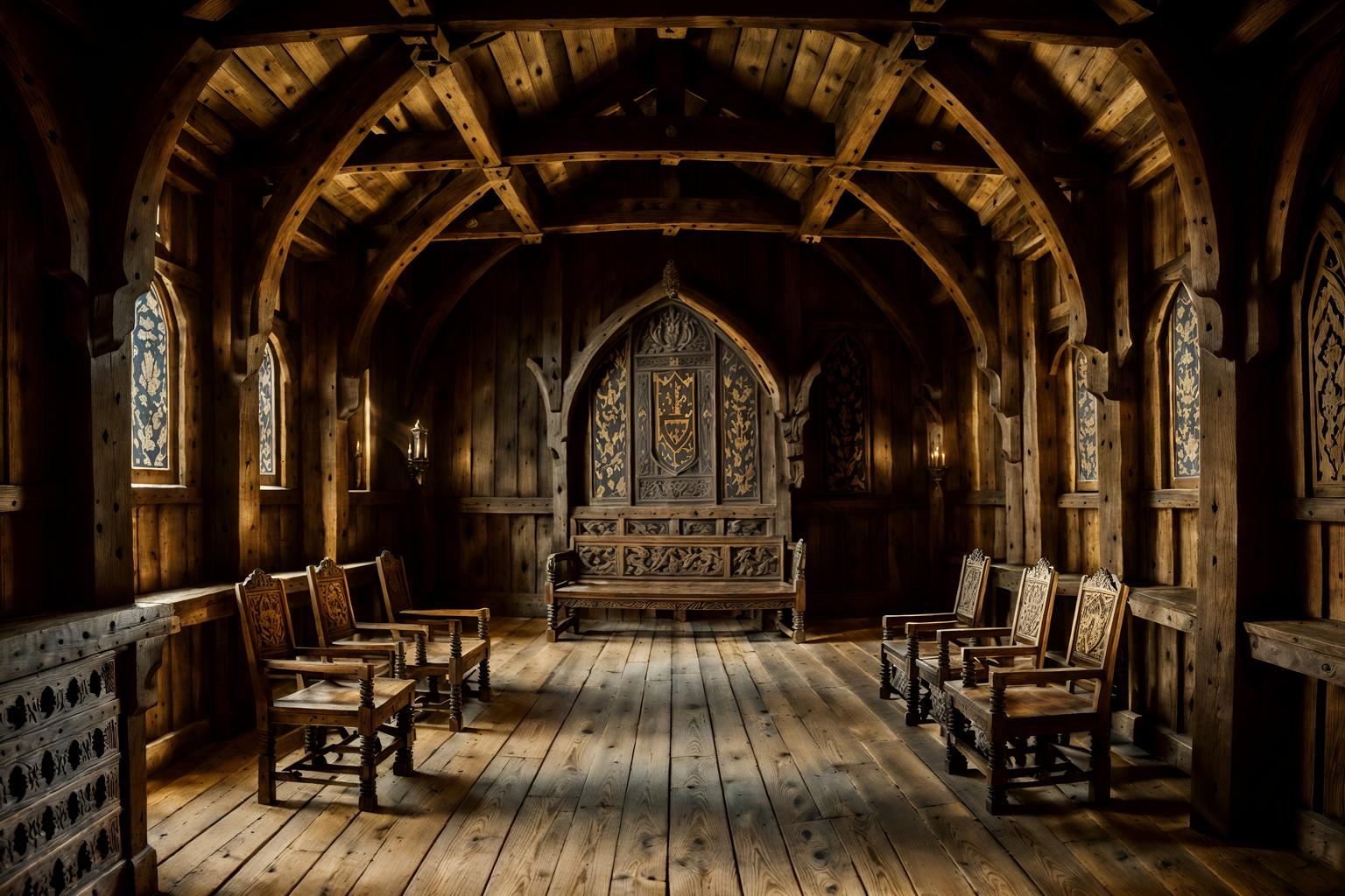 medieval-style (exhibition space interior) . with carved wooden chairs and medieval shields on the wall and heavy furniture pieces and timber beams and castle interior and stone or wooden floor and gothic appearance and carved wooden benches. . cinematic photo, highly detailed, cinematic lighting, ultra-detailed, ultrarealistic, photorealism, 8k. medieval interior design style. masterpiece, cinematic light, ultrarealistic+, photorealistic+, 8k, raw photo, realistic, sharp focus on eyes, (symmetrical eyes), (intact eyes), hyperrealistic, highest quality, best quality, , highly detailed, masterpiece, best quality, extremely detailed 8k wallpaper, masterpiece, best quality, ultra-detailed, best shadow, detailed background, detailed face, detailed eyes, high contrast, best illumination, detailed face, dulux, caustic, dynamic angle, detailed glow. dramatic lighting. highly detailed, insanely detailed hair, symmetrical, intricate details, professionally retouched, 8k high definition. strong bokeh. award winning photo.