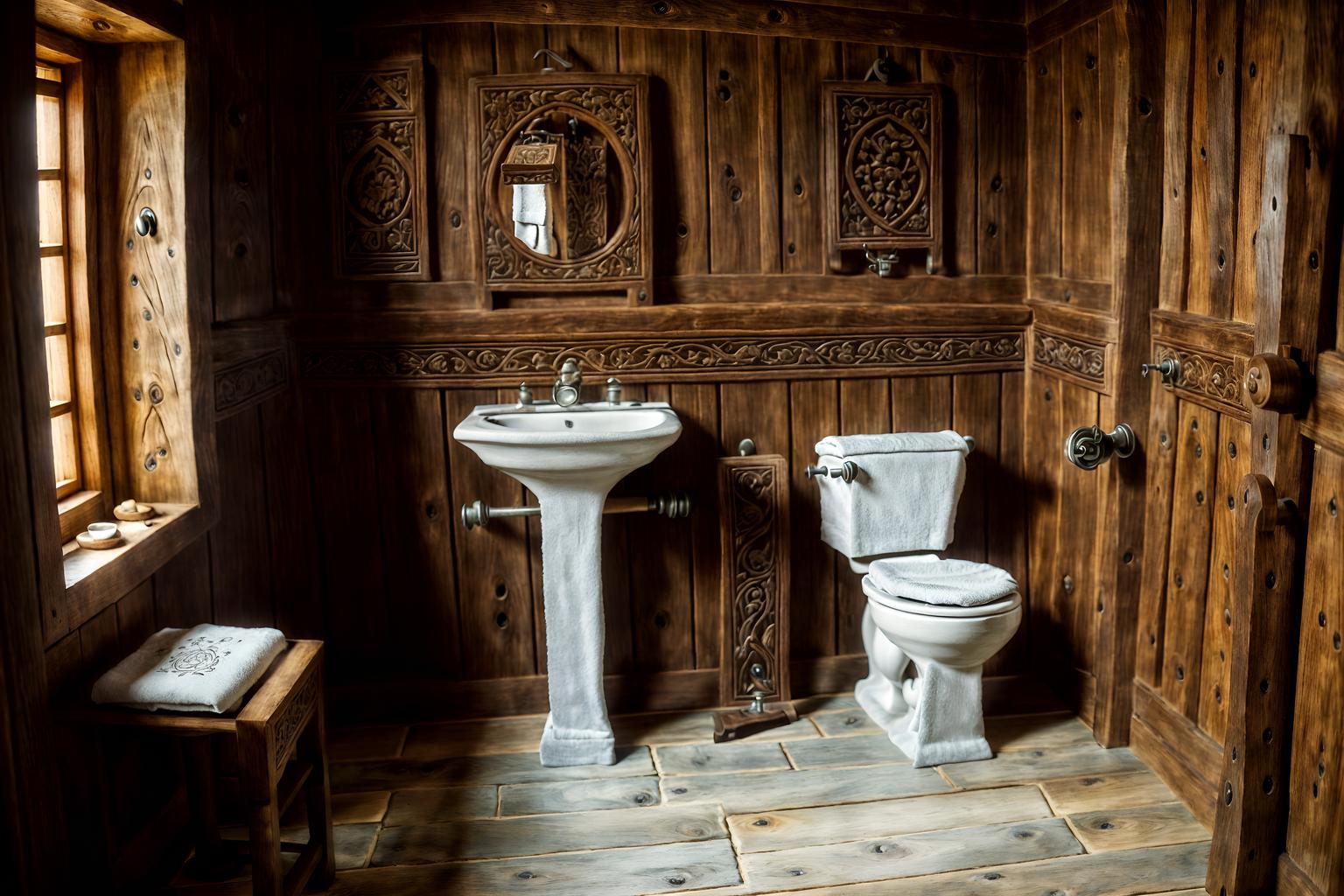 medieval-style (toilet interior) with toilet with toilet seat up and toilet paper hanger and sink with tap and toilet with toilet seat up. . with heavy furniture pieces and stone walls and castle interior and carved wooden tables and timber beams and medieval shields on the wall and intricate wooden inlay designs and carvings and upholstery on chairs and sofas. . cinematic photo, highly detailed, cinematic lighting, ultra-detailed, ultrarealistic, photorealism, 8k. medieval interior design style. masterpiece, cinematic light, ultrarealistic+, photorealistic+, 8k, raw photo, realistic, sharp focus on eyes, (symmetrical eyes), (intact eyes), hyperrealistic, highest quality, best quality, , highly detailed, masterpiece, best quality, extremely detailed 8k wallpaper, masterpiece, best quality, ultra-detailed, best shadow, detailed background, detailed face, detailed eyes, high contrast, best illumination, detailed face, dulux, caustic, dynamic angle, detailed glow. dramatic lighting. highly detailed, insanely detailed hair, symmetrical, intricate details, professionally retouched, 8k high definition. strong bokeh. award winning photo.