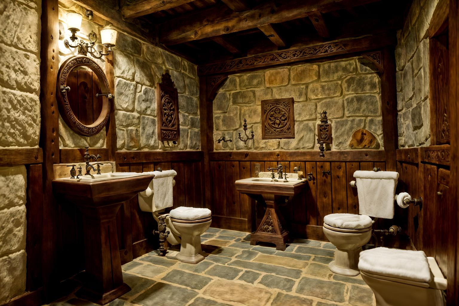 medieval-style (toilet interior) with toilet with toilet seat up and toilet paper hanger and sink with tap and toilet with toilet seat up. . with heavy furniture pieces and stone walls and castle interior and carved wooden tables and timber beams and medieval shields on the wall and intricate wooden inlay designs and carvings and upholstery on chairs and sofas. . cinematic photo, highly detailed, cinematic lighting, ultra-detailed, ultrarealistic, photorealism, 8k. medieval interior design style. masterpiece, cinematic light, ultrarealistic+, photorealistic+, 8k, raw photo, realistic, sharp focus on eyes, (symmetrical eyes), (intact eyes), hyperrealistic, highest quality, best quality, , highly detailed, masterpiece, best quality, extremely detailed 8k wallpaper, masterpiece, best quality, ultra-detailed, best shadow, detailed background, detailed face, detailed eyes, high contrast, best illumination, detailed face, dulux, caustic, dynamic angle, detailed glow. dramatic lighting. highly detailed, insanely detailed hair, symmetrical, intricate details, professionally retouched, 8k high definition. strong bokeh. award winning photo.