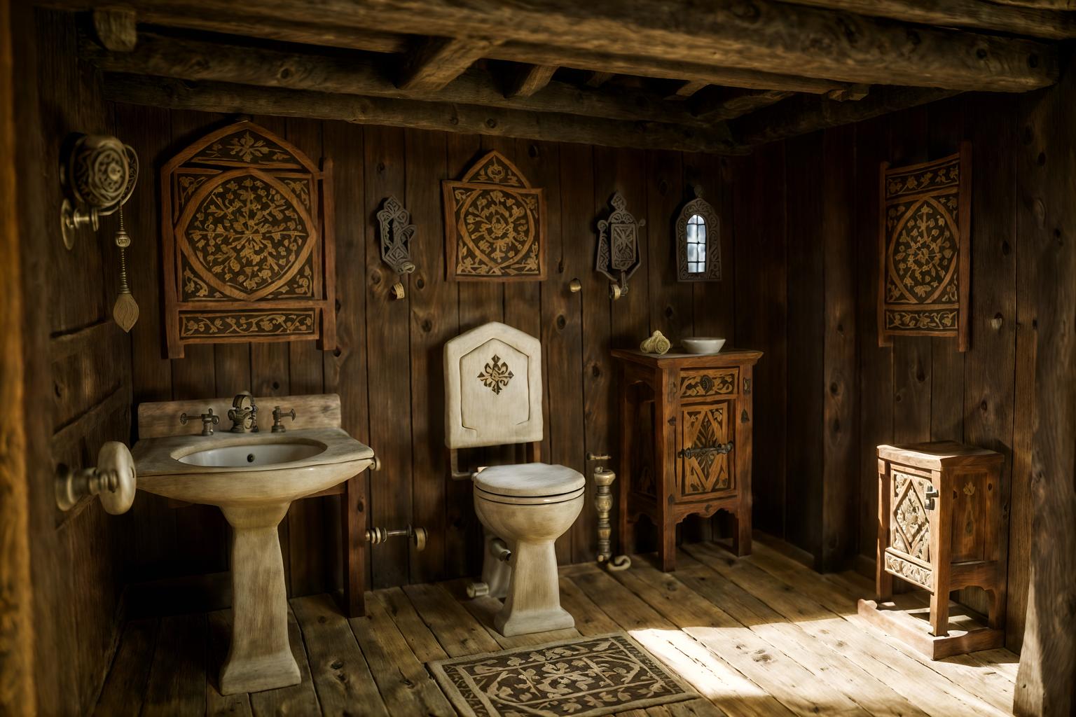 medieval-style (toilet interior) with toilet with toilet seat up and toilet paper hanger and sink with tap and toilet with toilet seat up. . with heavy furniture pieces and stone walls and castle interior and carved wooden tables and timber beams and medieval shields on the wall and intricate wooden inlay designs and carvings and upholstery on chairs and sofas. . cinematic photo, highly detailed, cinematic lighting, ultra-detailed, ultrarealistic, photorealism, 8k. medieval interior design style. masterpiece, cinematic light, ultrarealistic+, photorealistic+, 8k, raw photo, realistic, sharp focus on eyes, (symmetrical eyes), (intact eyes), hyperrealistic, highest quality, best quality, , highly detailed, masterpiece, best quality, extremely detailed 8k wallpaper, masterpiece, best quality, ultra-detailed, best shadow, detailed background, detailed face, detailed eyes, high contrast, best illumination, detailed face, dulux, caustic, dynamic angle, detailed glow. dramatic lighting. highly detailed, insanely detailed hair, symmetrical, intricate details, professionally retouched, 8k high definition. strong bokeh. award winning photo.