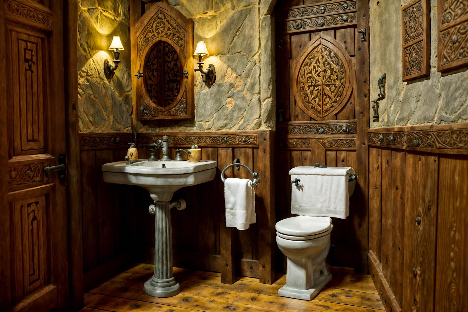 medieval-style (toilet interior) with toilet with toilet seat up and toilet paper hanger and sink with tap and toilet with toilet seat up. . with heavy furniture pieces and stone walls and castle interior and carved wooden tables and timber beams and medieval shields on the wall and intricate wooden inlay designs and carvings and upholstery on chairs and sofas. . cinematic photo, highly detailed, cinematic lighting, ultra-detailed, ultrarealistic, photorealism, 8k. medieval interior design style. masterpiece, cinematic light, ultrarealistic+, photorealistic+, 8k, raw photo, realistic, sharp focus on eyes, (symmetrical eyes), (intact eyes), hyperrealistic, highest quality, best quality, , highly detailed, masterpiece, best quality, extremely detailed 8k wallpaper, masterpiece, best quality, ultra-detailed, best shadow, detailed background, detailed face, detailed eyes, high contrast, best illumination, detailed face, dulux, caustic, dynamic angle, detailed glow. dramatic lighting. highly detailed, insanely detailed hair, symmetrical, intricate details, professionally retouched, 8k high definition. strong bokeh. award winning photo.