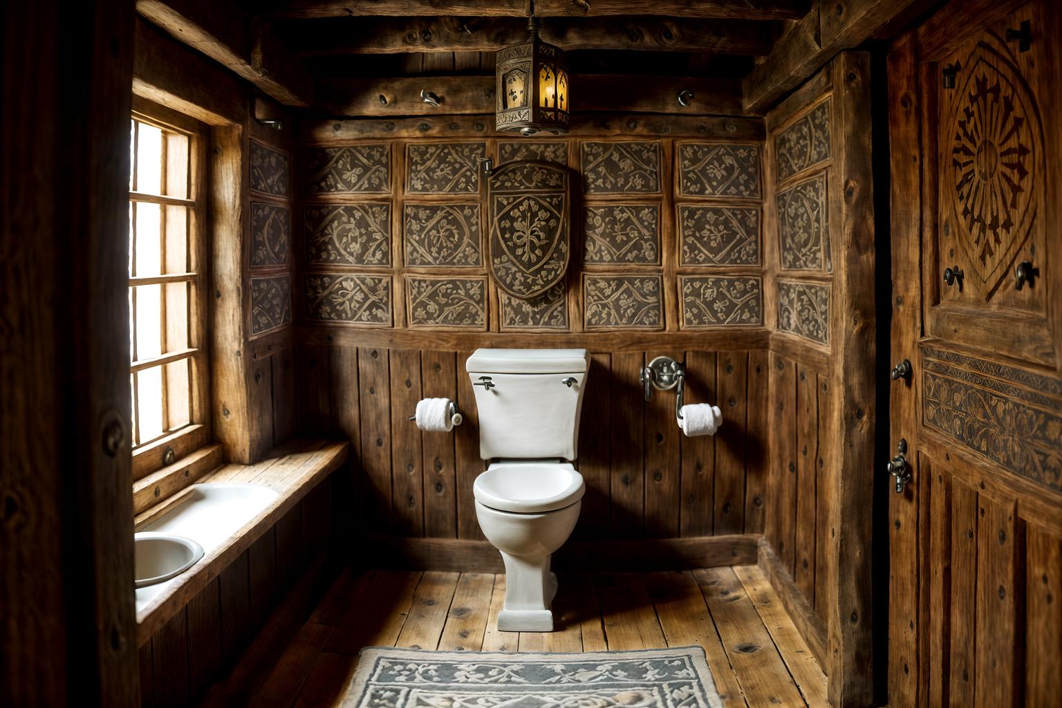 medieval-style (toilet interior) with toilet with toilet seat up and toilet paper hanger and sink with tap and toilet with toilet seat up. . with heavy furniture pieces and stone walls and castle interior and carved wooden tables and timber beams and medieval shields on the wall and intricate wooden inlay designs and carvings and upholstery on chairs and sofas. . cinematic photo, highly detailed, cinematic lighting, ultra-detailed, ultrarealistic, photorealism, 8k. medieval interior design style. masterpiece, cinematic light, ultrarealistic+, photorealistic+, 8k, raw photo, realistic, sharp focus on eyes, (symmetrical eyes), (intact eyes), hyperrealistic, highest quality, best quality, , highly detailed, masterpiece, best quality, extremely detailed 8k wallpaper, masterpiece, best quality, ultra-detailed, best shadow, detailed background, detailed face, detailed eyes, high contrast, best illumination, detailed face, dulux, caustic, dynamic angle, detailed glow. dramatic lighting. highly detailed, insanely detailed hair, symmetrical, intricate details, professionally retouched, 8k high definition. strong bokeh. award winning photo.