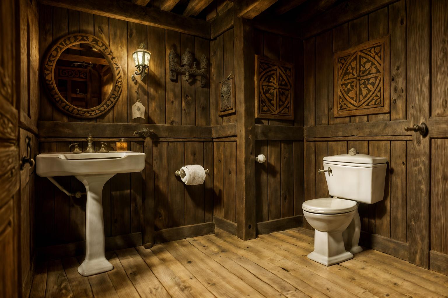 medieval-style (toilet interior) with toilet with toilet seat up and toilet paper hanger and sink with tap and toilet with toilet seat up. . with heavy furniture pieces and stone walls and castle interior and carved wooden tables and timber beams and medieval shields on the wall and intricate wooden inlay designs and carvings and upholstery on chairs and sofas. . cinematic photo, highly detailed, cinematic lighting, ultra-detailed, ultrarealistic, photorealism, 8k. medieval interior design style. masterpiece, cinematic light, ultrarealistic+, photorealistic+, 8k, raw photo, realistic, sharp focus on eyes, (symmetrical eyes), (intact eyes), hyperrealistic, highest quality, best quality, , highly detailed, masterpiece, best quality, extremely detailed 8k wallpaper, masterpiece, best quality, ultra-detailed, best shadow, detailed background, detailed face, detailed eyes, high contrast, best illumination, detailed face, dulux, caustic, dynamic angle, detailed glow. dramatic lighting. highly detailed, insanely detailed hair, symmetrical, intricate details, professionally retouched, 8k high definition. strong bokeh. award winning photo.