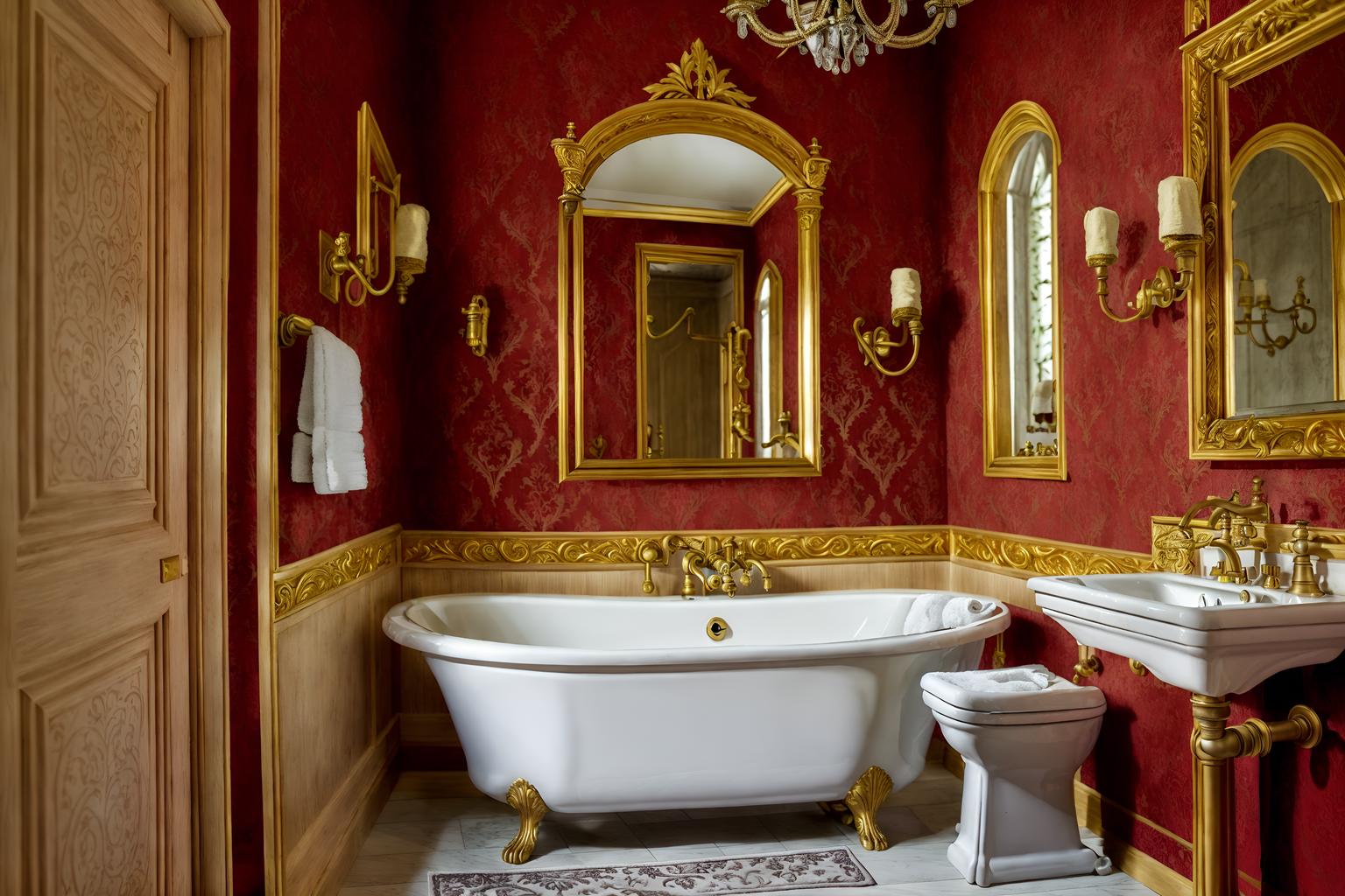 medieval-style (hotel bathroom interior) with bath towel and bathroom cabinet and toilet seat and bathroom sink with faucet and plant and bath rail and mirror and waste basket. . with deep colors like red, gold, or blue and stone walls and velvet, chenille, damask, and brocade draperies and fabrics and gothic appearance and upholstery on chairs and sofas and timber walls and stone or wooden floor and heavy furniture pieces. . cinematic photo, highly detailed, cinematic lighting, ultra-detailed, ultrarealistic, photorealism, 8k. medieval interior design style. masterpiece, cinematic light, ultrarealistic+, photorealistic+, 8k, raw photo, realistic, sharp focus on eyes, (symmetrical eyes), (intact eyes), hyperrealistic, highest quality, best quality, , highly detailed, masterpiece, best quality, extremely detailed 8k wallpaper, masterpiece, best quality, ultra-detailed, best shadow, detailed background, detailed face, detailed eyes, high contrast, best illumination, detailed face, dulux, caustic, dynamic angle, detailed glow. dramatic lighting. highly detailed, insanely detailed hair, symmetrical, intricate details, professionally retouched, 8k high definition. strong bokeh. award winning photo.