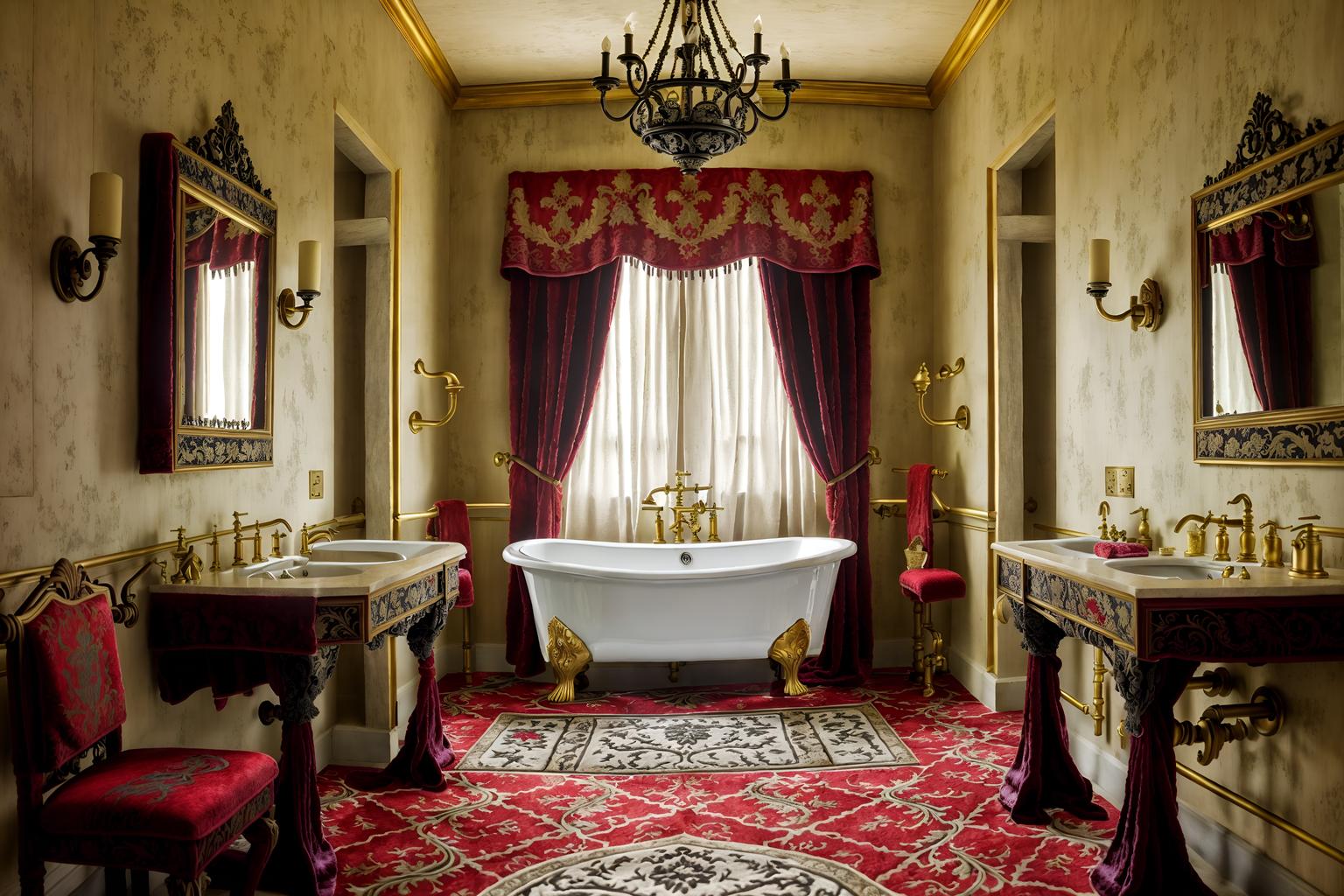 medieval-style (hotel bathroom interior) with bath towel and bathroom cabinet and toilet seat and bathroom sink with faucet and plant and bath rail and mirror and waste basket. . with deep colors like red, gold, or blue and stone walls and velvet, chenille, damask, and brocade draperies and fabrics and gothic appearance and upholstery on chairs and sofas and timber walls and stone or wooden floor and heavy furniture pieces. . cinematic photo, highly detailed, cinematic lighting, ultra-detailed, ultrarealistic, photorealism, 8k. medieval interior design style. masterpiece, cinematic light, ultrarealistic+, photorealistic+, 8k, raw photo, realistic, sharp focus on eyes, (symmetrical eyes), (intact eyes), hyperrealistic, highest quality, best quality, , highly detailed, masterpiece, best quality, extremely detailed 8k wallpaper, masterpiece, best quality, ultra-detailed, best shadow, detailed background, detailed face, detailed eyes, high contrast, best illumination, detailed face, dulux, caustic, dynamic angle, detailed glow. dramatic lighting. highly detailed, insanely detailed hair, symmetrical, intricate details, professionally retouched, 8k high definition. strong bokeh. award winning photo.