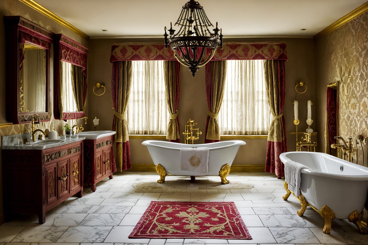 medieval-style (hotel bathroom interior) with bath towel and bathroom cabinet and toilet seat and bathroom sink with faucet and plant and bath rail and mirror and waste basket. . with deep colors like red, gold, or blue and stone walls and velvet, chenille, damask, and brocade draperies and fabrics and gothic appearance and upholstery on chairs and sofas and timber walls and stone or wooden floor and heavy furniture pieces. . cinematic photo, highly detailed, cinematic lighting, ultra-detailed, ultrarealistic, photorealism, 8k. medieval interior design style. masterpiece, cinematic light, ultrarealistic+, photorealistic+, 8k, raw photo, realistic, sharp focus on eyes, (symmetrical eyes), (intact eyes), hyperrealistic, highest quality, best quality, , highly detailed, masterpiece, best quality, extremely detailed 8k wallpaper, masterpiece, best quality, ultra-detailed, best shadow, detailed background, detailed face, detailed eyes, high contrast, best illumination, detailed face, dulux, caustic, dynamic angle, detailed glow. dramatic lighting. highly detailed, insanely detailed hair, symmetrical, intricate details, professionally retouched, 8k high definition. strong bokeh. award winning photo.