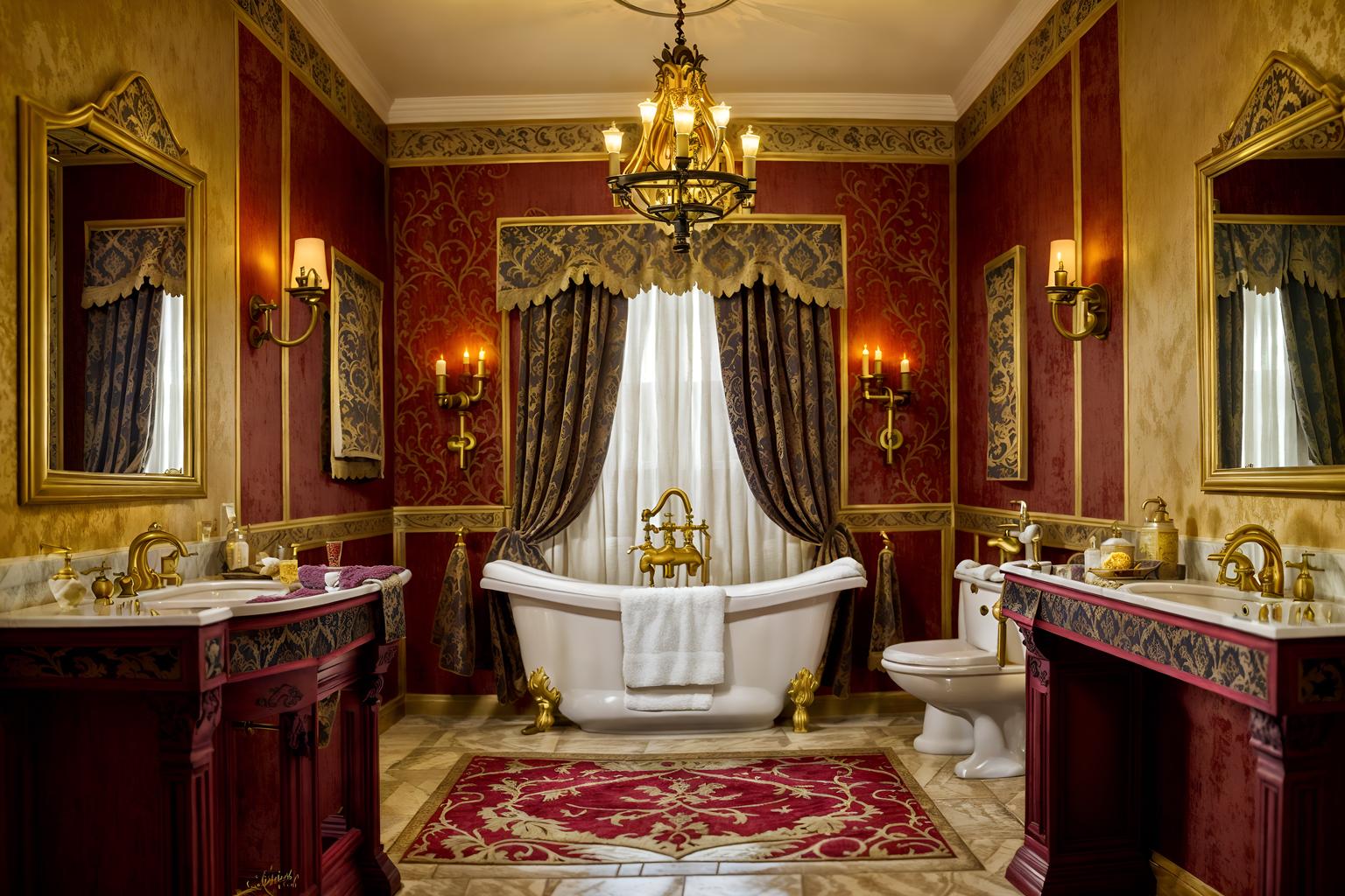 medieval-style (hotel bathroom interior) with bath towel and bathroom cabinet and toilet seat and bathroom sink with faucet and plant and bath rail and mirror and waste basket. . with deep colors like red, gold, or blue and stone walls and velvet, chenille, damask, and brocade draperies and fabrics and gothic appearance and upholstery on chairs and sofas and timber walls and stone or wooden floor and heavy furniture pieces. . cinematic photo, highly detailed, cinematic lighting, ultra-detailed, ultrarealistic, photorealism, 8k. medieval interior design style. masterpiece, cinematic light, ultrarealistic+, photorealistic+, 8k, raw photo, realistic, sharp focus on eyes, (symmetrical eyes), (intact eyes), hyperrealistic, highest quality, best quality, , highly detailed, masterpiece, best quality, extremely detailed 8k wallpaper, masterpiece, best quality, ultra-detailed, best shadow, detailed background, detailed face, detailed eyes, high contrast, best illumination, detailed face, dulux, caustic, dynamic angle, detailed glow. dramatic lighting. highly detailed, insanely detailed hair, symmetrical, intricate details, professionally retouched, 8k high definition. strong bokeh. award winning photo.