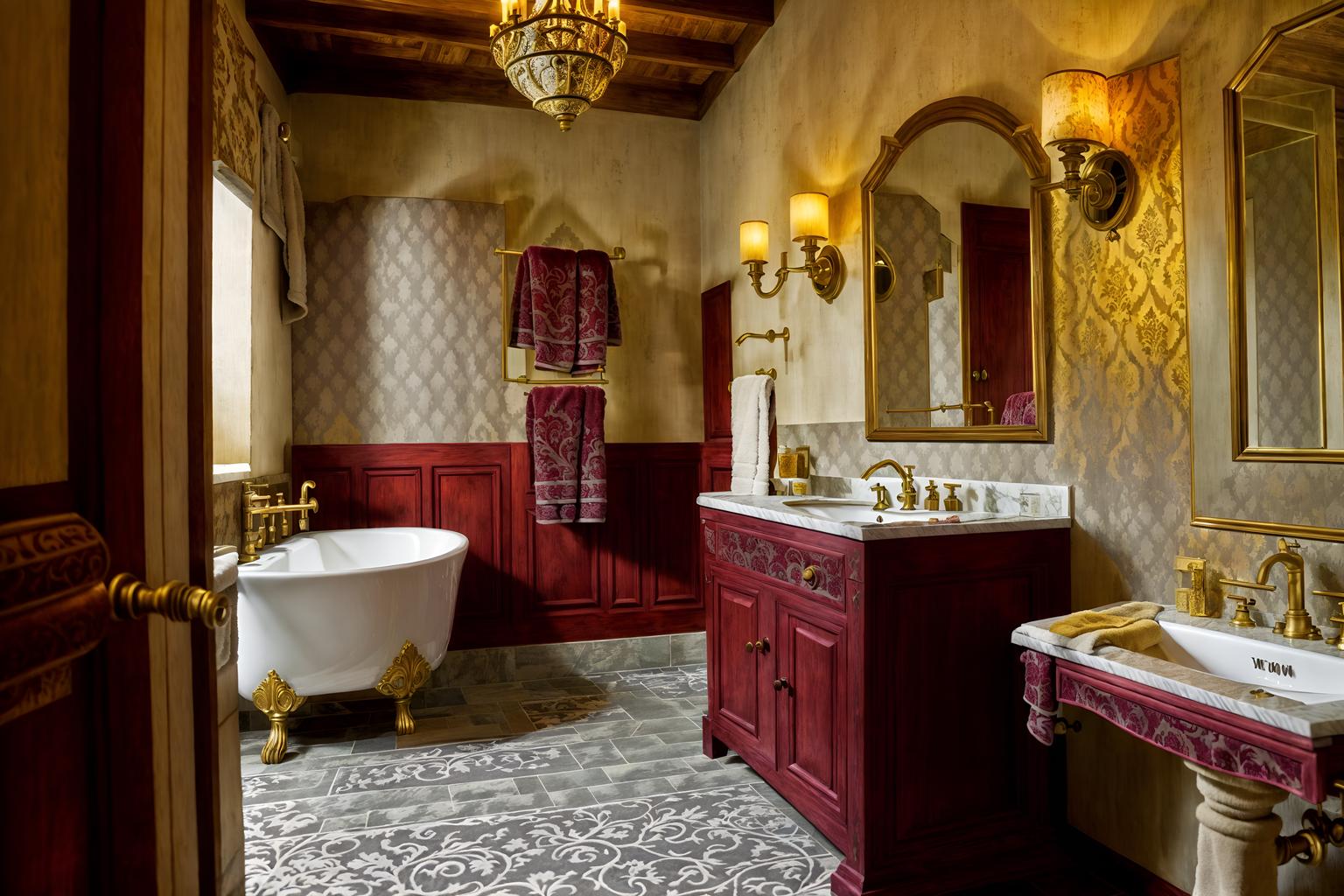 medieval-style (hotel bathroom interior) with bath towel and bathroom cabinet and toilet seat and bathroom sink with faucet and plant and bath rail and mirror and waste basket. . with deep colors like red, gold, or blue and stone walls and velvet, chenille, damask, and brocade draperies and fabrics and gothic appearance and upholstery on chairs and sofas and timber walls and stone or wooden floor and heavy furniture pieces. . cinematic photo, highly detailed, cinematic lighting, ultra-detailed, ultrarealistic, photorealism, 8k. medieval interior design style. masterpiece, cinematic light, ultrarealistic+, photorealistic+, 8k, raw photo, realistic, sharp focus on eyes, (symmetrical eyes), (intact eyes), hyperrealistic, highest quality, best quality, , highly detailed, masterpiece, best quality, extremely detailed 8k wallpaper, masterpiece, best quality, ultra-detailed, best shadow, detailed background, detailed face, detailed eyes, high contrast, best illumination, detailed face, dulux, caustic, dynamic angle, detailed glow. dramatic lighting. highly detailed, insanely detailed hair, symmetrical, intricate details, professionally retouched, 8k high definition. strong bokeh. award winning photo.