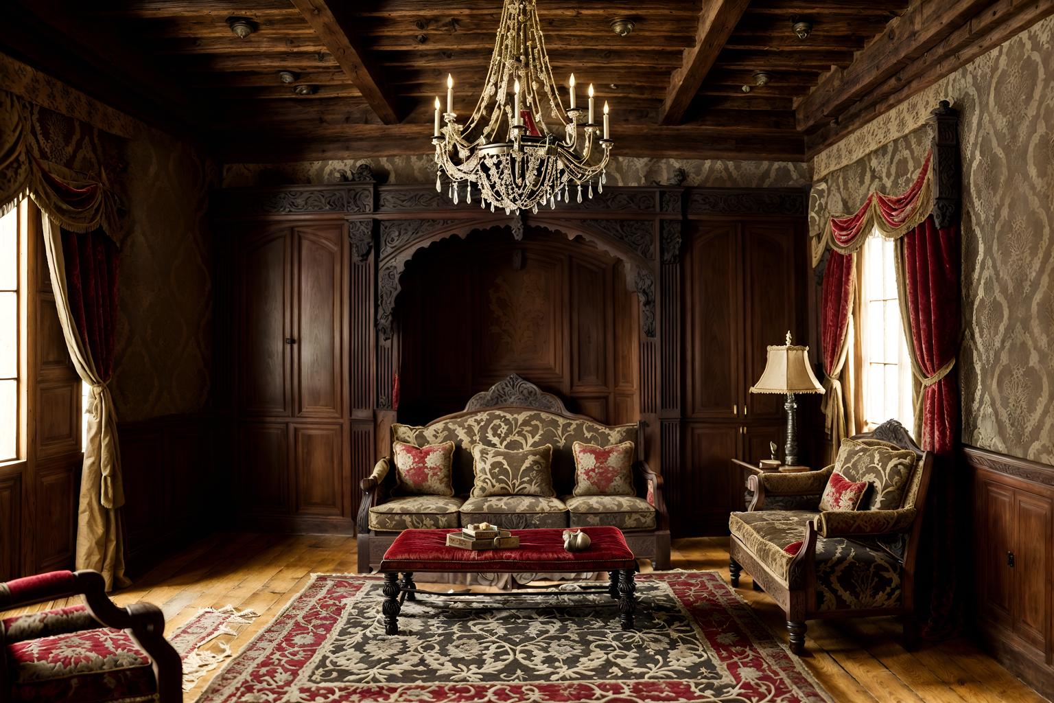 medieval-style (walk in closet interior) . with castle interior and heavy furniture pieces and carved wooden chairs and velvet, chenille, damask, and brocade draperies and fabrics and castle interior and timber beams and upholstery on chairs and sofas and stone or wooden floor. . cinematic photo, highly detailed, cinematic lighting, ultra-detailed, ultrarealistic, photorealism, 8k. medieval interior design style. masterpiece, cinematic light, ultrarealistic+, photorealistic+, 8k, raw photo, realistic, sharp focus on eyes, (symmetrical eyes), (intact eyes), hyperrealistic, highest quality, best quality, , highly detailed, masterpiece, best quality, extremely detailed 8k wallpaper, masterpiece, best quality, ultra-detailed, best shadow, detailed background, detailed face, detailed eyes, high contrast, best illumination, detailed face, dulux, caustic, dynamic angle, detailed glow. dramatic lighting. highly detailed, insanely detailed hair, symmetrical, intricate details, professionally retouched, 8k high definition. strong bokeh. award winning photo.