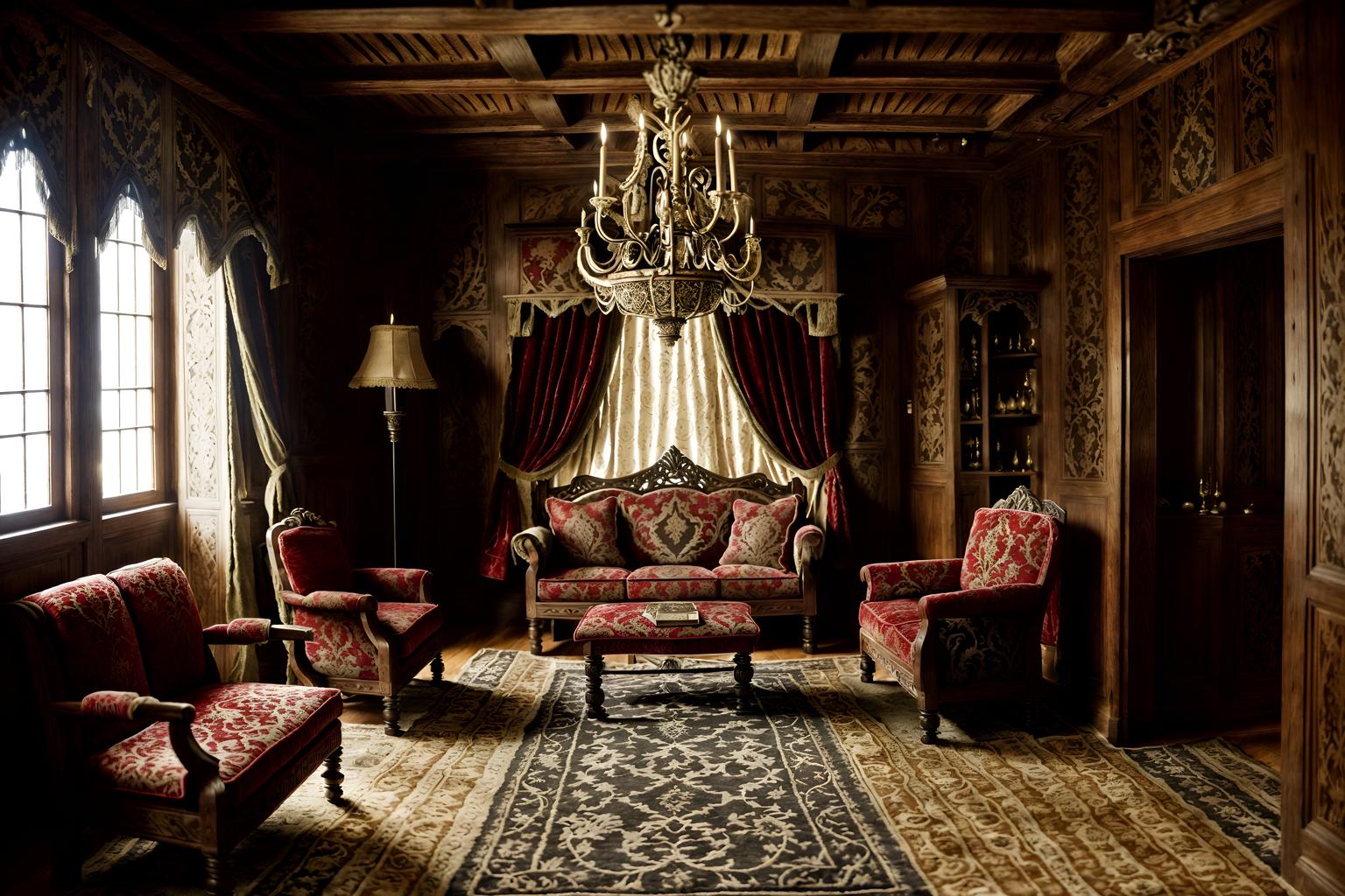 medieval-style (walk in closet interior) . with castle interior and heavy furniture pieces and carved wooden chairs and velvet, chenille, damask, and brocade draperies and fabrics and castle interior and timber beams and upholstery on chairs and sofas and stone or wooden floor. . cinematic photo, highly detailed, cinematic lighting, ultra-detailed, ultrarealistic, photorealism, 8k. medieval interior design style. masterpiece, cinematic light, ultrarealistic+, photorealistic+, 8k, raw photo, realistic, sharp focus on eyes, (symmetrical eyes), (intact eyes), hyperrealistic, highest quality, best quality, , highly detailed, masterpiece, best quality, extremely detailed 8k wallpaper, masterpiece, best quality, ultra-detailed, best shadow, detailed background, detailed face, detailed eyes, high contrast, best illumination, detailed face, dulux, caustic, dynamic angle, detailed glow. dramatic lighting. highly detailed, insanely detailed hair, symmetrical, intricate details, professionally retouched, 8k high definition. strong bokeh. award winning photo.