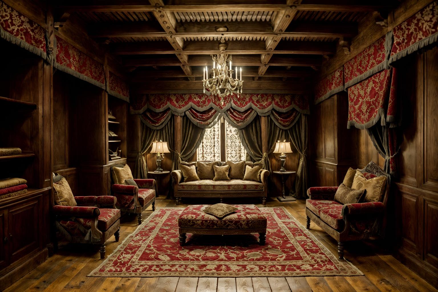 medieval-style (walk in closet interior) . with castle interior and heavy furniture pieces and carved wooden chairs and velvet, chenille, damask, and brocade draperies and fabrics and castle interior and timber beams and upholstery on chairs and sofas and stone or wooden floor. . cinematic photo, highly detailed, cinematic lighting, ultra-detailed, ultrarealistic, photorealism, 8k. medieval interior design style. masterpiece, cinematic light, ultrarealistic+, photorealistic+, 8k, raw photo, realistic, sharp focus on eyes, (symmetrical eyes), (intact eyes), hyperrealistic, highest quality, best quality, , highly detailed, masterpiece, best quality, extremely detailed 8k wallpaper, masterpiece, best quality, ultra-detailed, best shadow, detailed background, detailed face, detailed eyes, high contrast, best illumination, detailed face, dulux, caustic, dynamic angle, detailed glow. dramatic lighting. highly detailed, insanely detailed hair, symmetrical, intricate details, professionally retouched, 8k high definition. strong bokeh. award winning photo.