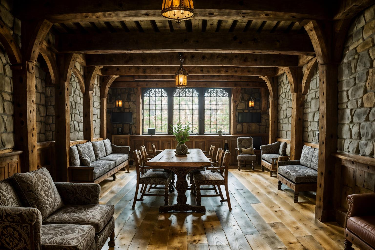 medieval-style (coworking space interior) with office desks and seating area with sofa and lounge chairs and office chairs and office desks. . with timber beams and castle interior and stone or wooden floor and upholstery on chairs and sofas and carved wooden tables and stone walls and carved wooden benches and velvet, chenille, damask, and brocade draperies and fabrics. . cinematic photo, highly detailed, cinematic lighting, ultra-detailed, ultrarealistic, photorealism, 8k. medieval interior design style. masterpiece, cinematic light, ultrarealistic+, photorealistic+, 8k, raw photo, realistic, sharp focus on eyes, (symmetrical eyes), (intact eyes), hyperrealistic, highest quality, best quality, , highly detailed, masterpiece, best quality, extremely detailed 8k wallpaper, masterpiece, best quality, ultra-detailed, best shadow, detailed background, detailed face, detailed eyes, high contrast, best illumination, detailed face, dulux, caustic, dynamic angle, detailed glow. dramatic lighting. highly detailed, insanely detailed hair, symmetrical, intricate details, professionally retouched, 8k high definition. strong bokeh. award winning photo.