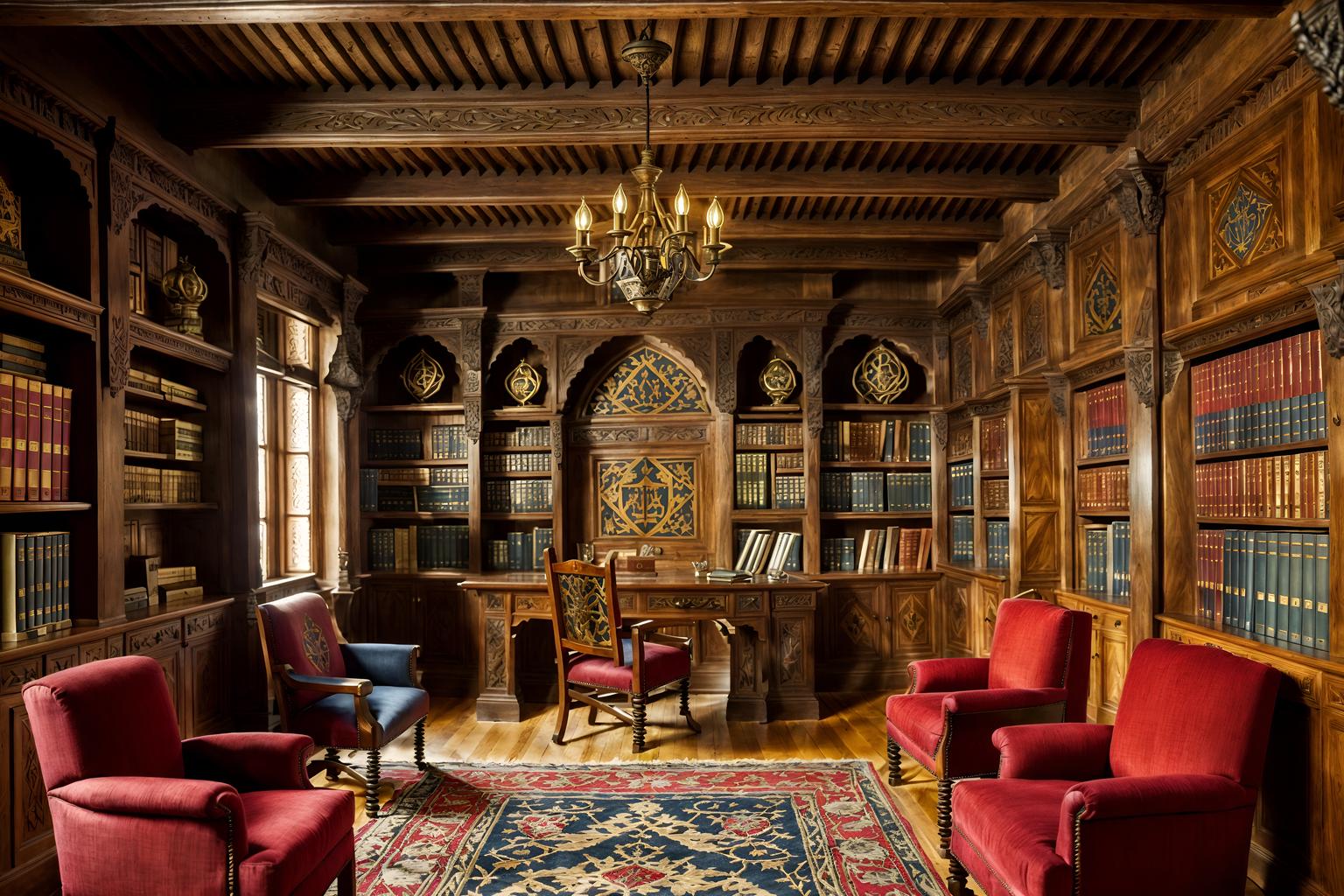 medieval-style (study room interior) with cabinets and desk lamp and office chair and bookshelves and lounge chair and plant and writing desk and cabinets. . with deep colors like red, gold, or blue and castle interior and medieval shields on the wall and carved wooden benches and heavy furniture pieces and timber walls and intricate wooden inlay designs and carvings and upholstery on chairs and sofas. . cinematic photo, highly detailed, cinematic lighting, ultra-detailed, ultrarealistic, photorealism, 8k. medieval interior design style. masterpiece, cinematic light, ultrarealistic+, photorealistic+, 8k, raw photo, realistic, sharp focus on eyes, (symmetrical eyes), (intact eyes), hyperrealistic, highest quality, best quality, , highly detailed, masterpiece, best quality, extremely detailed 8k wallpaper, masterpiece, best quality, ultra-detailed, best shadow, detailed background, detailed face, detailed eyes, high contrast, best illumination, detailed face, dulux, caustic, dynamic angle, detailed glow. dramatic lighting. highly detailed, insanely detailed hair, symmetrical, intricate details, professionally retouched, 8k high definition. strong bokeh. award winning photo.