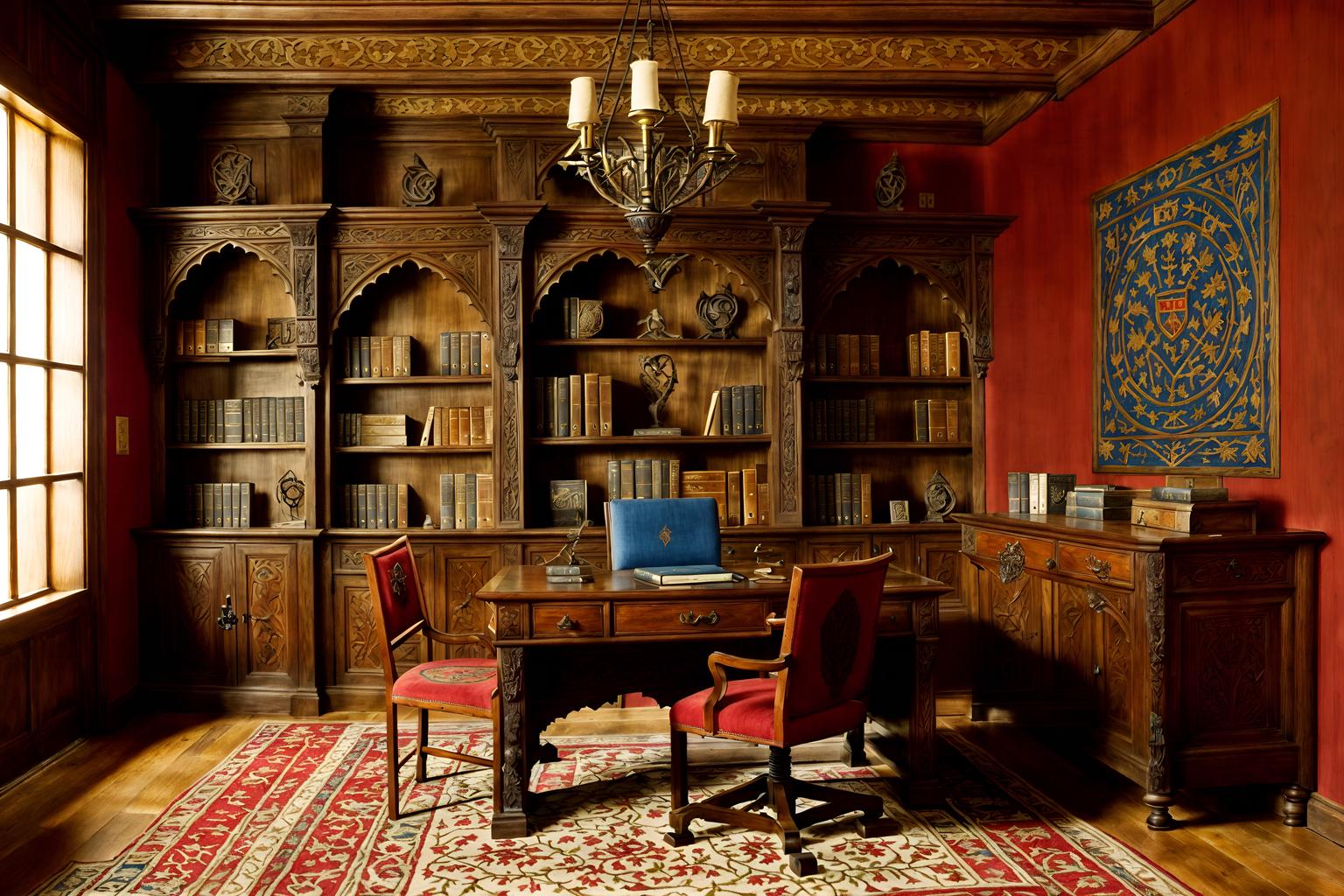 medieval-style (study room interior) with cabinets and desk lamp and office chair and bookshelves and lounge chair and plant and writing desk and cabinets. . with deep colors like red, gold, or blue and castle interior and medieval shields on the wall and carved wooden benches and heavy furniture pieces and timber walls and intricate wooden inlay designs and carvings and upholstery on chairs and sofas. . cinematic photo, highly detailed, cinematic lighting, ultra-detailed, ultrarealistic, photorealism, 8k. medieval interior design style. masterpiece, cinematic light, ultrarealistic+, photorealistic+, 8k, raw photo, realistic, sharp focus on eyes, (symmetrical eyes), (intact eyes), hyperrealistic, highest quality, best quality, , highly detailed, masterpiece, best quality, extremely detailed 8k wallpaper, masterpiece, best quality, ultra-detailed, best shadow, detailed background, detailed face, detailed eyes, high contrast, best illumination, detailed face, dulux, caustic, dynamic angle, detailed glow. dramatic lighting. highly detailed, insanely detailed hair, symmetrical, intricate details, professionally retouched, 8k high definition. strong bokeh. award winning photo.