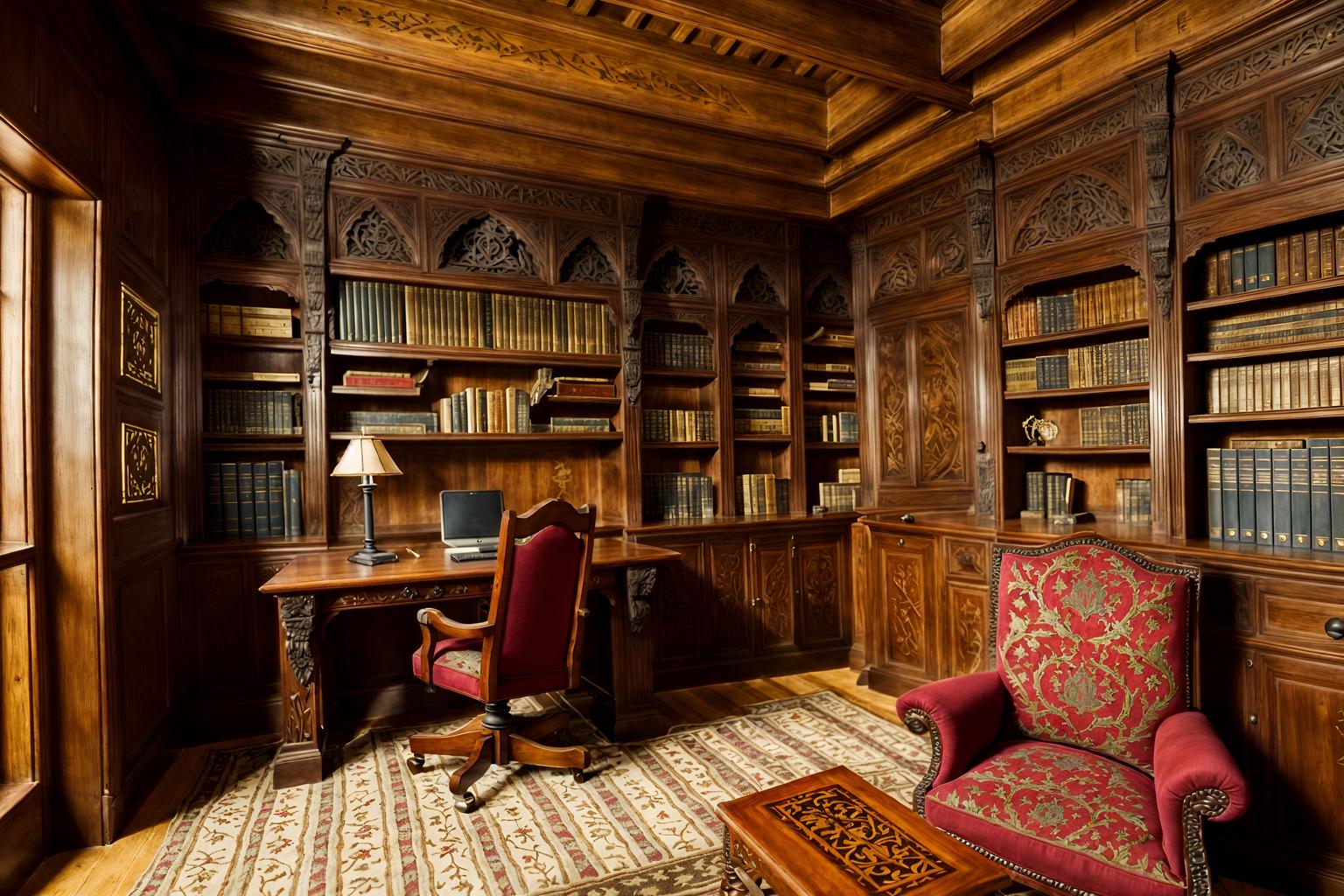 medieval-style (study room interior) with cabinets and desk lamp and office chair and bookshelves and lounge chair and plant and writing desk and cabinets. . with deep colors like red, gold, or blue and castle interior and medieval shields on the wall and carved wooden benches and heavy furniture pieces and timber walls and intricate wooden inlay designs and carvings and upholstery on chairs and sofas. . cinematic photo, highly detailed, cinematic lighting, ultra-detailed, ultrarealistic, photorealism, 8k. medieval interior design style. masterpiece, cinematic light, ultrarealistic+, photorealistic+, 8k, raw photo, realistic, sharp focus on eyes, (symmetrical eyes), (intact eyes), hyperrealistic, highest quality, best quality, , highly detailed, masterpiece, best quality, extremely detailed 8k wallpaper, masterpiece, best quality, ultra-detailed, best shadow, detailed background, detailed face, detailed eyes, high contrast, best illumination, detailed face, dulux, caustic, dynamic angle, detailed glow. dramatic lighting. highly detailed, insanely detailed hair, symmetrical, intricate details, professionally retouched, 8k high definition. strong bokeh. award winning photo.