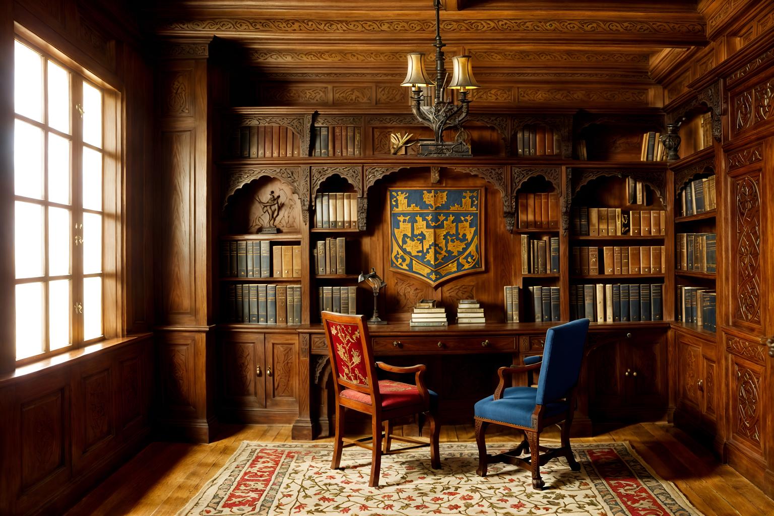 medieval-style (study room interior) with cabinets and desk lamp and office chair and bookshelves and lounge chair and plant and writing desk and cabinets. . with deep colors like red, gold, or blue and castle interior and medieval shields on the wall and carved wooden benches and heavy furniture pieces and timber walls and intricate wooden inlay designs and carvings and upholstery on chairs and sofas. . cinematic photo, highly detailed, cinematic lighting, ultra-detailed, ultrarealistic, photorealism, 8k. medieval interior design style. masterpiece, cinematic light, ultrarealistic+, photorealistic+, 8k, raw photo, realistic, sharp focus on eyes, (symmetrical eyes), (intact eyes), hyperrealistic, highest quality, best quality, , highly detailed, masterpiece, best quality, extremely detailed 8k wallpaper, masterpiece, best quality, ultra-detailed, best shadow, detailed background, detailed face, detailed eyes, high contrast, best illumination, detailed face, dulux, caustic, dynamic angle, detailed glow. dramatic lighting. highly detailed, insanely detailed hair, symmetrical, intricate details, professionally retouched, 8k high definition. strong bokeh. award winning photo.