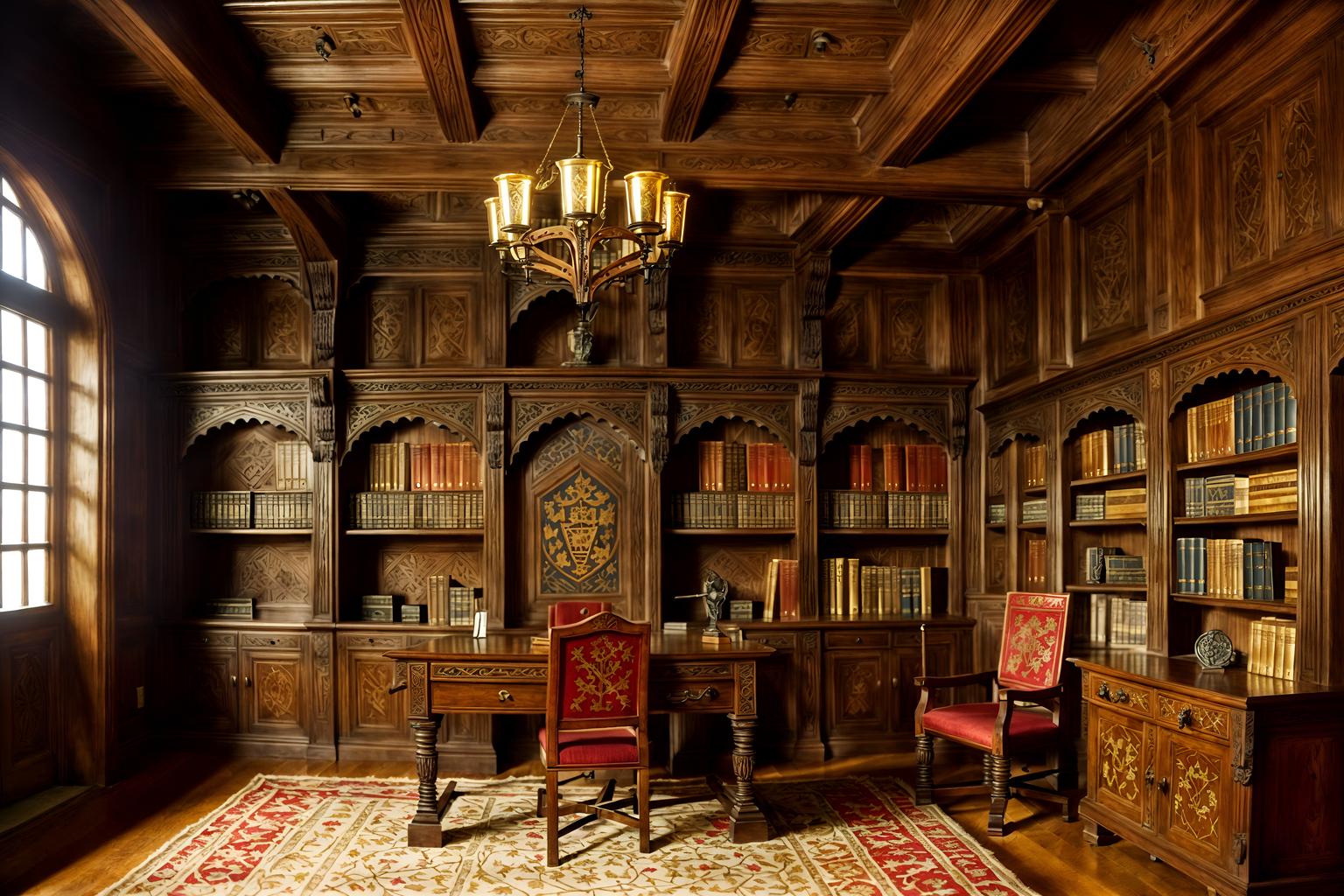 medieval-style (study room interior) with cabinets and desk lamp and office chair and bookshelves and lounge chair and plant and writing desk and cabinets. . with deep colors like red, gold, or blue and castle interior and medieval shields on the wall and carved wooden benches and heavy furniture pieces and timber walls and intricate wooden inlay designs and carvings and upholstery on chairs and sofas. . cinematic photo, highly detailed, cinematic lighting, ultra-detailed, ultrarealistic, photorealism, 8k. medieval interior design style. masterpiece, cinematic light, ultrarealistic+, photorealistic+, 8k, raw photo, realistic, sharp focus on eyes, (symmetrical eyes), (intact eyes), hyperrealistic, highest quality, best quality, , highly detailed, masterpiece, best quality, extremely detailed 8k wallpaper, masterpiece, best quality, ultra-detailed, best shadow, detailed background, detailed face, detailed eyes, high contrast, best illumination, detailed face, dulux, caustic, dynamic angle, detailed glow. dramatic lighting. highly detailed, insanely detailed hair, symmetrical, intricate details, professionally retouched, 8k high definition. strong bokeh. award winning photo.