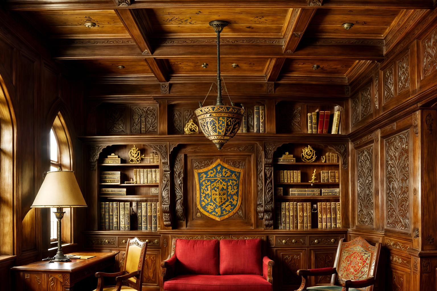 medieval-style (study room interior) with cabinets and desk lamp and office chair and bookshelves and lounge chair and plant and writing desk and cabinets. . with deep colors like red, gold, or blue and castle interior and medieval shields on the wall and carved wooden benches and heavy furniture pieces and timber walls and intricate wooden inlay designs and carvings and upholstery on chairs and sofas. . cinematic photo, highly detailed, cinematic lighting, ultra-detailed, ultrarealistic, photorealism, 8k. medieval interior design style. masterpiece, cinematic light, ultrarealistic+, photorealistic+, 8k, raw photo, realistic, sharp focus on eyes, (symmetrical eyes), (intact eyes), hyperrealistic, highest quality, best quality, , highly detailed, masterpiece, best quality, extremely detailed 8k wallpaper, masterpiece, best quality, ultra-detailed, best shadow, detailed background, detailed face, detailed eyes, high contrast, best illumination, detailed face, dulux, caustic, dynamic angle, detailed glow. dramatic lighting. highly detailed, insanely detailed hair, symmetrical, intricate details, professionally retouched, 8k high definition. strong bokeh. award winning photo.