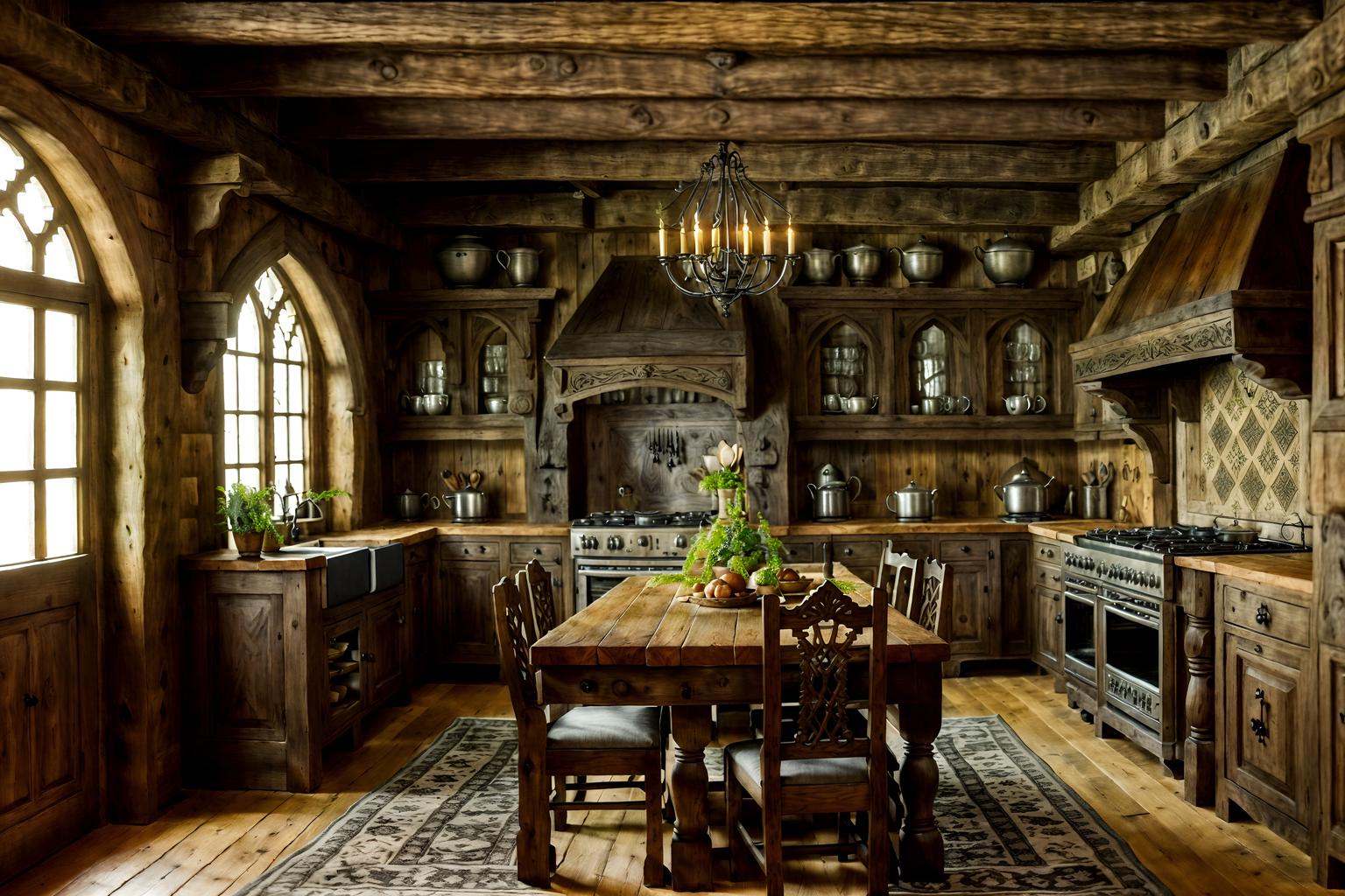 medieval-style (kitchen living combo interior) with furniture and plant and kitchen cabinets and worktops and rug and chairs and stove and refrigerator. . with timber walls and gothic appearance and carved wooden tables and castle interior and medieval shields on the wall and upholstery on chairs and sofas and timber beams and castle interior. . cinematic photo, highly detailed, cinematic lighting, ultra-detailed, ultrarealistic, photorealism, 8k. medieval interior design style. masterpiece, cinematic light, ultrarealistic+, photorealistic+, 8k, raw photo, realistic, sharp focus on eyes, (symmetrical eyes), (intact eyes), hyperrealistic, highest quality, best quality, , highly detailed, masterpiece, best quality, extremely detailed 8k wallpaper, masterpiece, best quality, ultra-detailed, best shadow, detailed background, detailed face, detailed eyes, high contrast, best illumination, detailed face, dulux, caustic, dynamic angle, detailed glow. dramatic lighting. highly detailed, insanely detailed hair, symmetrical, intricate details, professionally retouched, 8k high definition. strong bokeh. award winning photo.