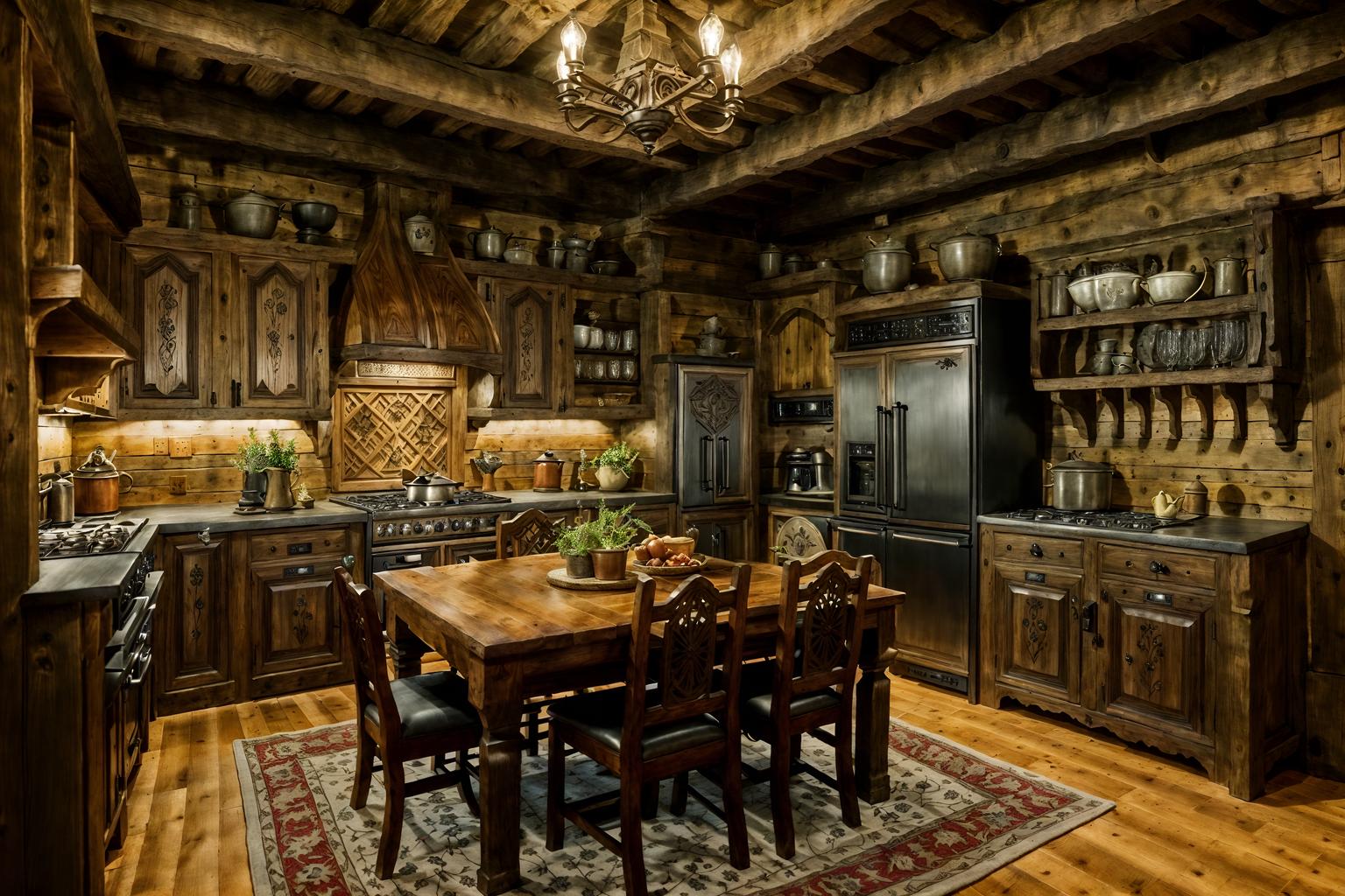 medieval-style (kitchen living combo interior) with furniture and plant and kitchen cabinets and worktops and rug and chairs and stove and refrigerator. . with timber walls and gothic appearance and carved wooden tables and castle interior and medieval shields on the wall and upholstery on chairs and sofas and timber beams and castle interior. . cinematic photo, highly detailed, cinematic lighting, ultra-detailed, ultrarealistic, photorealism, 8k. medieval interior design style. masterpiece, cinematic light, ultrarealistic+, photorealistic+, 8k, raw photo, realistic, sharp focus on eyes, (symmetrical eyes), (intact eyes), hyperrealistic, highest quality, best quality, , highly detailed, masterpiece, best quality, extremely detailed 8k wallpaper, masterpiece, best quality, ultra-detailed, best shadow, detailed background, detailed face, detailed eyes, high contrast, best illumination, detailed face, dulux, caustic, dynamic angle, detailed glow. dramatic lighting. highly detailed, insanely detailed hair, symmetrical, intricate details, professionally retouched, 8k high definition. strong bokeh. award winning photo.