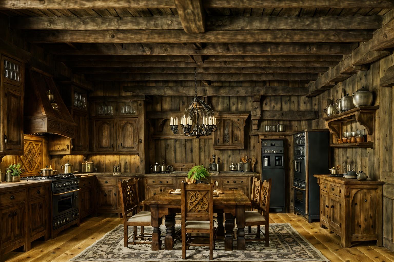 medieval-style (kitchen living combo interior) with furniture and plant and kitchen cabinets and worktops and rug and chairs and stove and refrigerator. . with timber walls and gothic appearance and carved wooden tables and castle interior and medieval shields on the wall and upholstery on chairs and sofas and timber beams and castle interior. . cinematic photo, highly detailed, cinematic lighting, ultra-detailed, ultrarealistic, photorealism, 8k. medieval interior design style. masterpiece, cinematic light, ultrarealistic+, photorealistic+, 8k, raw photo, realistic, sharp focus on eyes, (symmetrical eyes), (intact eyes), hyperrealistic, highest quality, best quality, , highly detailed, masterpiece, best quality, extremely detailed 8k wallpaper, masterpiece, best quality, ultra-detailed, best shadow, detailed background, detailed face, detailed eyes, high contrast, best illumination, detailed face, dulux, caustic, dynamic angle, detailed glow. dramatic lighting. highly detailed, insanely detailed hair, symmetrical, intricate details, professionally retouched, 8k high definition. strong bokeh. award winning photo.
