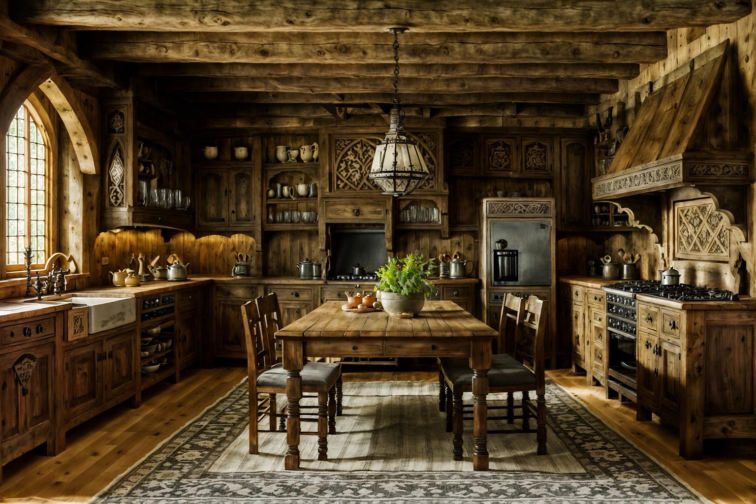 medieval-style (kitchen living combo interior) with furniture and plant and kitchen cabinets and worktops and rug and chairs and stove and refrigerator. . with timber walls and gothic appearance and carved wooden tables and castle interior and medieval shields on the wall and upholstery on chairs and sofas and timber beams and castle interior. . cinematic photo, highly detailed, cinematic lighting, ultra-detailed, ultrarealistic, photorealism, 8k. medieval interior design style. masterpiece, cinematic light, ultrarealistic+, photorealistic+, 8k, raw photo, realistic, sharp focus on eyes, (symmetrical eyes), (intact eyes), hyperrealistic, highest quality, best quality, , highly detailed, masterpiece, best quality, extremely detailed 8k wallpaper, masterpiece, best quality, ultra-detailed, best shadow, detailed background, detailed face, detailed eyes, high contrast, best illumination, detailed face, dulux, caustic, dynamic angle, detailed glow. dramatic lighting. highly detailed, insanely detailed hair, symmetrical, intricate details, professionally retouched, 8k high definition. strong bokeh. award winning photo.