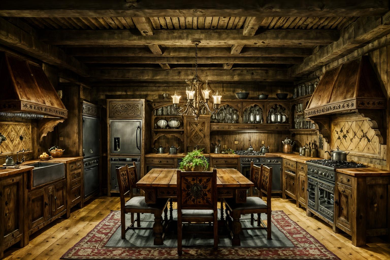 medieval-style (kitchen living combo interior) with furniture and plant and kitchen cabinets and worktops and rug and chairs and stove and refrigerator. . with timber walls and gothic appearance and carved wooden tables and castle interior and medieval shields on the wall and upholstery on chairs and sofas and timber beams and castle interior. . cinematic photo, highly detailed, cinematic lighting, ultra-detailed, ultrarealistic, photorealism, 8k. medieval interior design style. masterpiece, cinematic light, ultrarealistic+, photorealistic+, 8k, raw photo, realistic, sharp focus on eyes, (symmetrical eyes), (intact eyes), hyperrealistic, highest quality, best quality, , highly detailed, masterpiece, best quality, extremely detailed 8k wallpaper, masterpiece, best quality, ultra-detailed, best shadow, detailed background, detailed face, detailed eyes, high contrast, best illumination, detailed face, dulux, caustic, dynamic angle, detailed glow. dramatic lighting. highly detailed, insanely detailed hair, symmetrical, intricate details, professionally retouched, 8k high definition. strong bokeh. award winning photo.