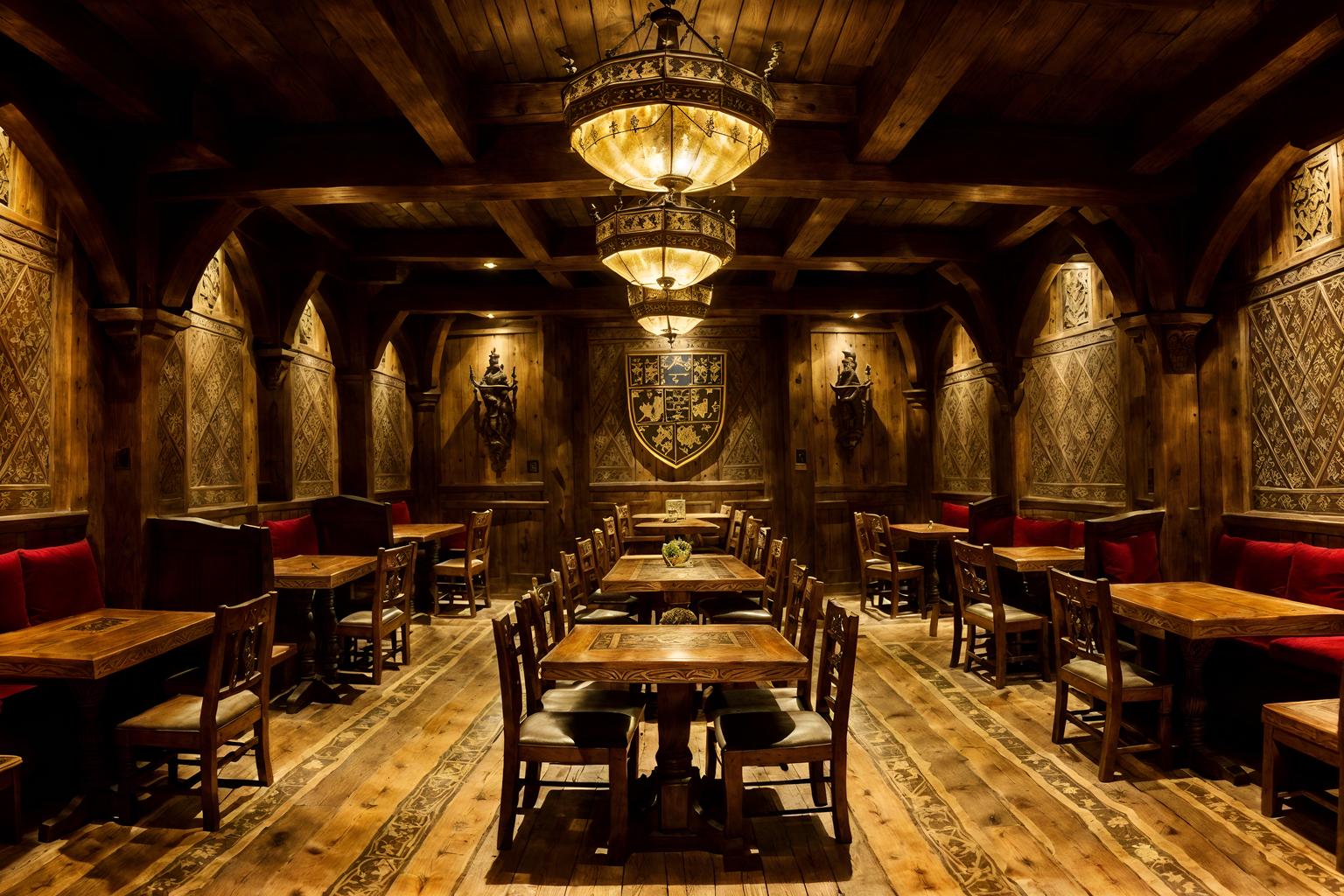 medieval-style (coffee shop interior) . with stone or wooden floor and intricate wooden inlay designs and carvings and medieval shields on the wall and deep colors like red, gold, or blue and castle interior and heavy furniture pieces and stone walls and carved wooden tables. . cinematic photo, highly detailed, cinematic lighting, ultra-detailed, ultrarealistic, photorealism, 8k. medieval interior design style. masterpiece, cinematic light, ultrarealistic+, photorealistic+, 8k, raw photo, realistic, sharp focus on eyes, (symmetrical eyes), (intact eyes), hyperrealistic, highest quality, best quality, , highly detailed, masterpiece, best quality, extremely detailed 8k wallpaper, masterpiece, best quality, ultra-detailed, best shadow, detailed background, detailed face, detailed eyes, high contrast, best illumination, detailed face, dulux, caustic, dynamic angle, detailed glow. dramatic lighting. highly detailed, insanely detailed hair, symmetrical, intricate details, professionally retouched, 8k high definition. strong bokeh. award winning photo.