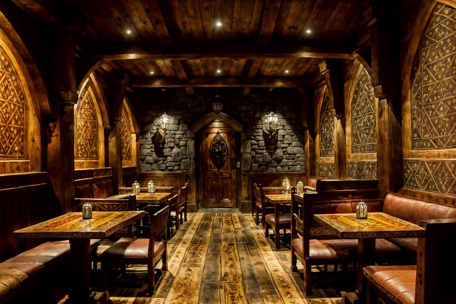 medieval-style (coffee shop interior) . with stone or wooden floor and intricate wooden inlay designs and carvings and medieval shields on the wall and deep colors like red, gold, or blue and castle interior and heavy furniture pieces and stone walls and carved wooden tables. . cinematic photo, highly detailed, cinematic lighting, ultra-detailed, ultrarealistic, photorealism, 8k. medieval interior design style. masterpiece, cinematic light, ultrarealistic+, photorealistic+, 8k, raw photo, realistic, sharp focus on eyes, (symmetrical eyes), (intact eyes), hyperrealistic, highest quality, best quality, , highly detailed, masterpiece, best quality, extremely detailed 8k wallpaper, masterpiece, best quality, ultra-detailed, best shadow, detailed background, detailed face, detailed eyes, high contrast, best illumination, detailed face, dulux, caustic, dynamic angle, detailed glow. dramatic lighting. highly detailed, insanely detailed hair, symmetrical, intricate details, professionally retouched, 8k high definition. strong bokeh. award winning photo.