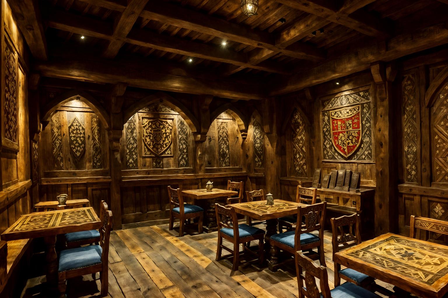 medieval-style (coffee shop interior) . with stone or wooden floor and intricate wooden inlay designs and carvings and medieval shields on the wall and deep colors like red, gold, or blue and castle interior and heavy furniture pieces and stone walls and carved wooden tables. . cinematic photo, highly detailed, cinematic lighting, ultra-detailed, ultrarealistic, photorealism, 8k. medieval interior design style. masterpiece, cinematic light, ultrarealistic+, photorealistic+, 8k, raw photo, realistic, sharp focus on eyes, (symmetrical eyes), (intact eyes), hyperrealistic, highest quality, best quality, , highly detailed, masterpiece, best quality, extremely detailed 8k wallpaper, masterpiece, best quality, ultra-detailed, best shadow, detailed background, detailed face, detailed eyes, high contrast, best illumination, detailed face, dulux, caustic, dynamic angle, detailed glow. dramatic lighting. highly detailed, insanely detailed hair, symmetrical, intricate details, professionally retouched, 8k high definition. strong bokeh. award winning photo.