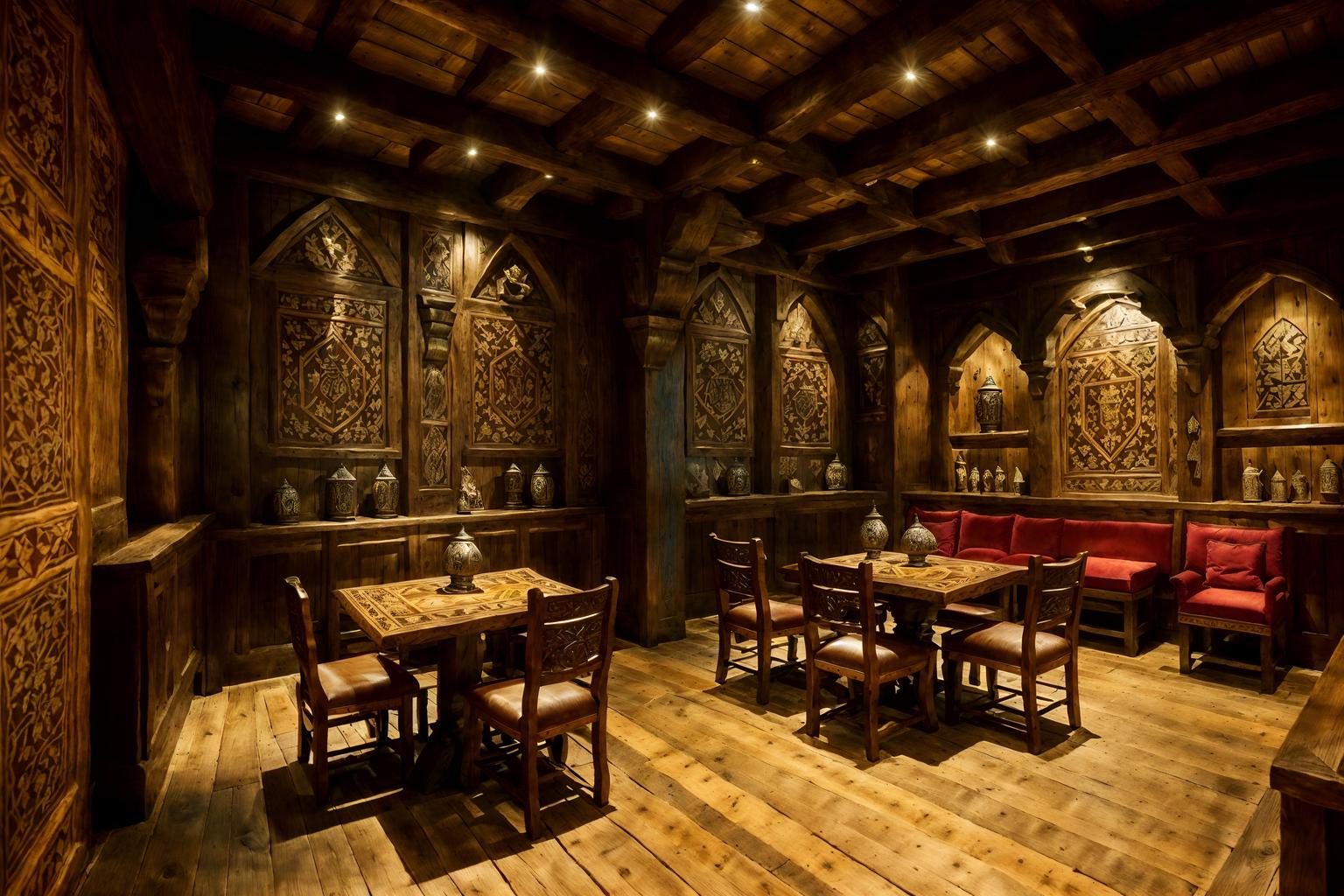 medieval-style (coffee shop interior) . with stone or wooden floor and intricate wooden inlay designs and carvings and medieval shields on the wall and deep colors like red, gold, or blue and castle interior and heavy furniture pieces and stone walls and carved wooden tables. . cinematic photo, highly detailed, cinematic lighting, ultra-detailed, ultrarealistic, photorealism, 8k. medieval interior design style. masterpiece, cinematic light, ultrarealistic+, photorealistic+, 8k, raw photo, realistic, sharp focus on eyes, (symmetrical eyes), (intact eyes), hyperrealistic, highest quality, best quality, , highly detailed, masterpiece, best quality, extremely detailed 8k wallpaper, masterpiece, best quality, ultra-detailed, best shadow, detailed background, detailed face, detailed eyes, high contrast, best illumination, detailed face, dulux, caustic, dynamic angle, detailed glow. dramatic lighting. highly detailed, insanely detailed hair, symmetrical, intricate details, professionally retouched, 8k high definition. strong bokeh. award winning photo.