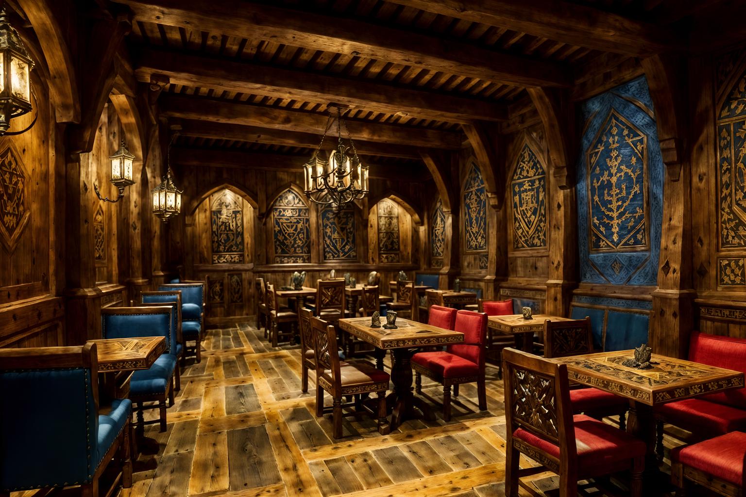 medieval-style (coffee shop interior) . with stone or wooden floor and intricate wooden inlay designs and carvings and medieval shields on the wall and deep colors like red, gold, or blue and castle interior and heavy furniture pieces and stone walls and carved wooden tables. . cinematic photo, highly detailed, cinematic lighting, ultra-detailed, ultrarealistic, photorealism, 8k. medieval interior design style. masterpiece, cinematic light, ultrarealistic+, photorealistic+, 8k, raw photo, realistic, sharp focus on eyes, (symmetrical eyes), (intact eyes), hyperrealistic, highest quality, best quality, , highly detailed, masterpiece, best quality, extremely detailed 8k wallpaper, masterpiece, best quality, ultra-detailed, best shadow, detailed background, detailed face, detailed eyes, high contrast, best illumination, detailed face, dulux, caustic, dynamic angle, detailed glow. dramatic lighting. highly detailed, insanely detailed hair, symmetrical, intricate details, professionally retouched, 8k high definition. strong bokeh. award winning photo.