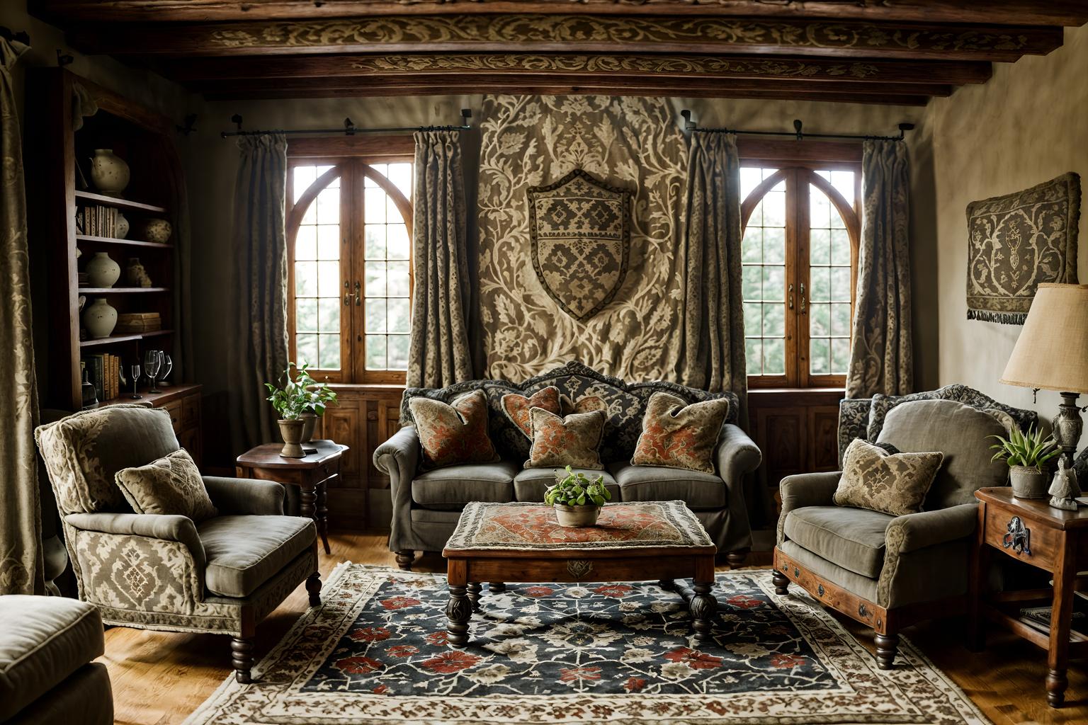 medieval-style (living room interior) with chairs and coffee tables and plant and televisions and rug and sofa and occasional tables and furniture. . with stone walls and upholstery on chairs and sofas and carved wooden chairs and castle interior and medieval shields on the wall and castle interior and velvet, chenille, damask, and brocade draperies and fabrics and deep colors like red, gold, or blue. . cinematic photo, highly detailed, cinematic lighting, ultra-detailed, ultrarealistic, photorealism, 8k. medieval interior design style. masterpiece, cinematic light, ultrarealistic+, photorealistic+, 8k, raw photo, realistic, sharp focus on eyes, (symmetrical eyes), (intact eyes), hyperrealistic, highest quality, best quality, , highly detailed, masterpiece, best quality, extremely detailed 8k wallpaper, masterpiece, best quality, ultra-detailed, best shadow, detailed background, detailed face, detailed eyes, high contrast, best illumination, detailed face, dulux, caustic, dynamic angle, detailed glow. dramatic lighting. highly detailed, insanely detailed hair, symmetrical, intricate details, professionally retouched, 8k high definition. strong bokeh. award winning photo.