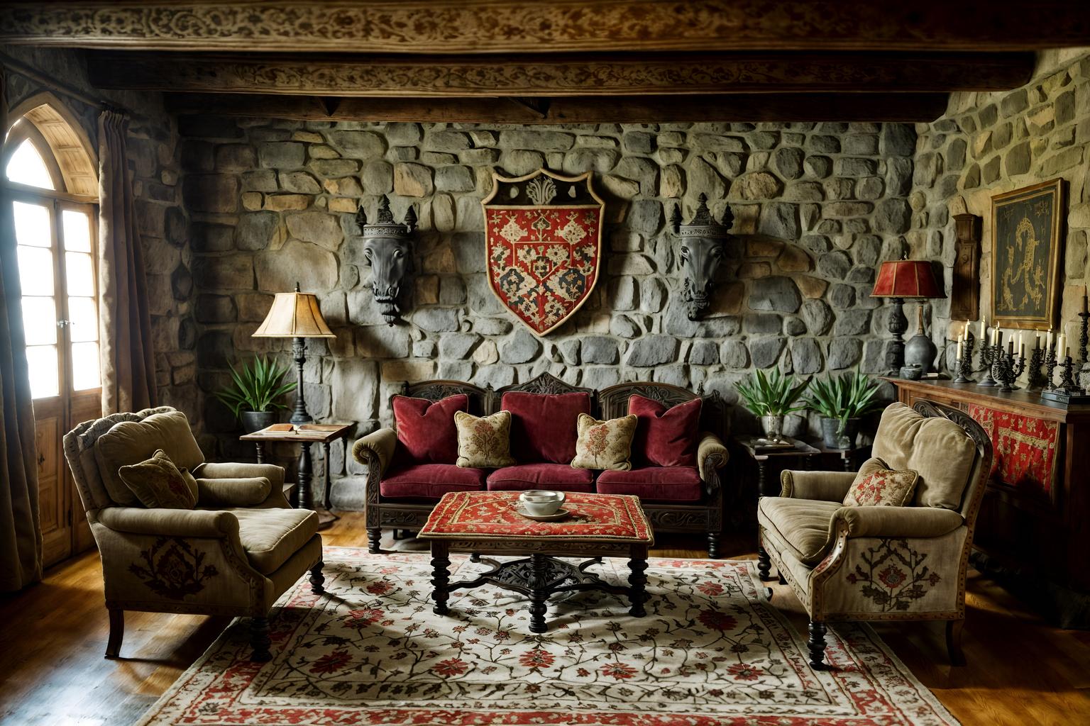 medieval-style (living room interior) with chairs and coffee tables and plant and televisions and rug and sofa and occasional tables and furniture. . with stone walls and upholstery on chairs and sofas and carved wooden chairs and castle interior and medieval shields on the wall and castle interior and velvet, chenille, damask, and brocade draperies and fabrics and deep colors like red, gold, or blue. . cinematic photo, highly detailed, cinematic lighting, ultra-detailed, ultrarealistic, photorealism, 8k. medieval interior design style. masterpiece, cinematic light, ultrarealistic+, photorealistic+, 8k, raw photo, realistic, sharp focus on eyes, (symmetrical eyes), (intact eyes), hyperrealistic, highest quality, best quality, , highly detailed, masterpiece, best quality, extremely detailed 8k wallpaper, masterpiece, best quality, ultra-detailed, best shadow, detailed background, detailed face, detailed eyes, high contrast, best illumination, detailed face, dulux, caustic, dynamic angle, detailed glow. dramatic lighting. highly detailed, insanely detailed hair, symmetrical, intricate details, professionally retouched, 8k high definition. strong bokeh. award winning photo.