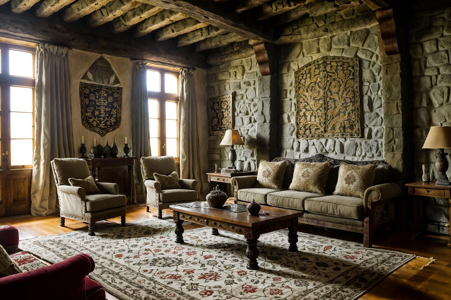 medieval-style (living room interior) with chairs and coffee tables and plant and televisions and rug and sofa and occasional tables and furniture. . with stone walls and upholstery on chairs and sofas and carved wooden chairs and castle interior and medieval shields on the wall and castle interior and velvet, chenille, damask, and brocade draperies and fabrics and deep colors like red, gold, or blue. . cinematic photo, highly detailed, cinematic lighting, ultra-detailed, ultrarealistic, photorealism, 8k. medieval interior design style. masterpiece, cinematic light, ultrarealistic+, photorealistic+, 8k, raw photo, realistic, sharp focus on eyes, (symmetrical eyes), (intact eyes), hyperrealistic, highest quality, best quality, , highly detailed, masterpiece, best quality, extremely detailed 8k wallpaper, masterpiece, best quality, ultra-detailed, best shadow, detailed background, detailed face, detailed eyes, high contrast, best illumination, detailed face, dulux, caustic, dynamic angle, detailed glow. dramatic lighting. highly detailed, insanely detailed hair, symmetrical, intricate details, professionally retouched, 8k high definition. strong bokeh. award winning photo.