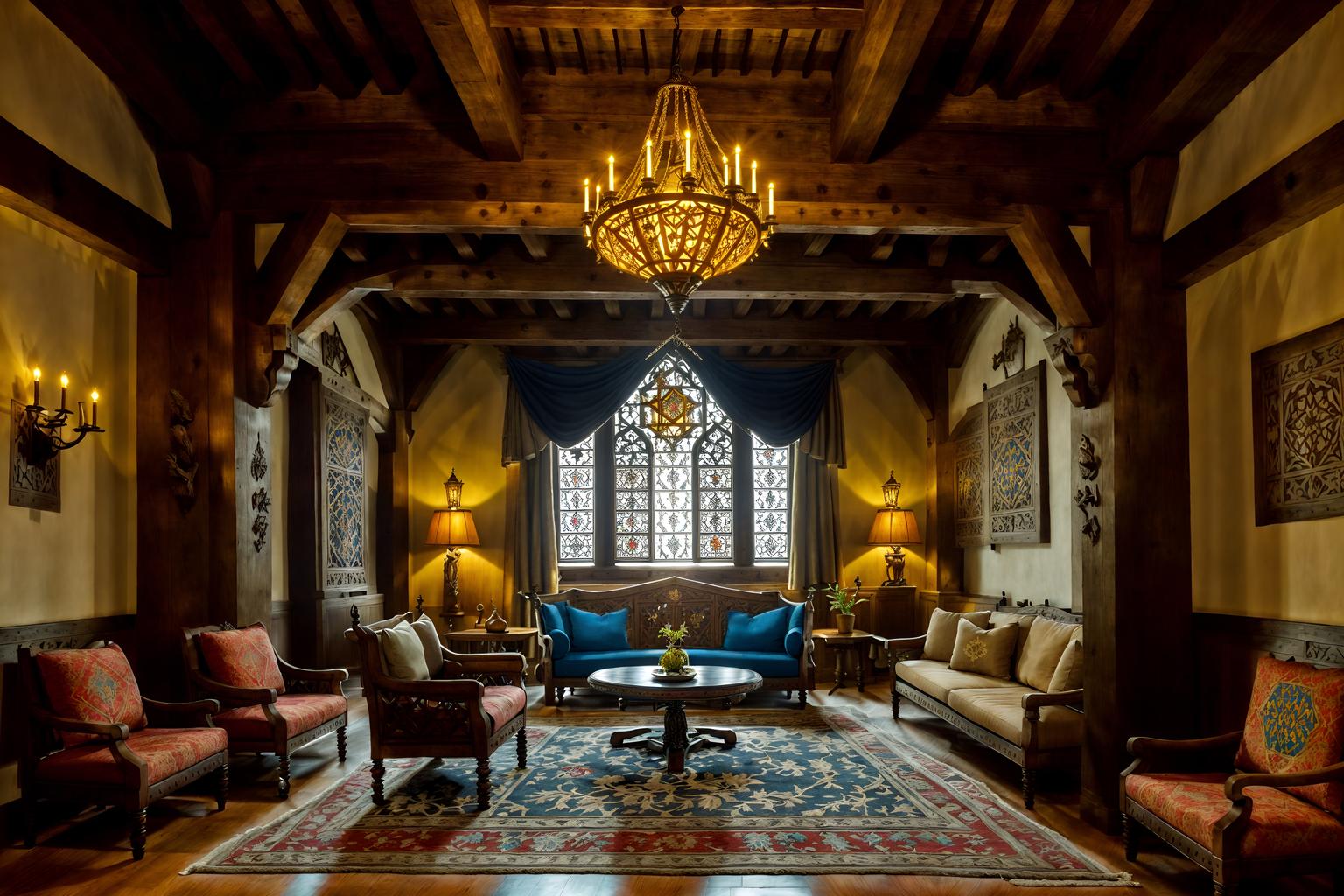 medieval-style (hotel lobby interior) with furniture and lounge chairs and coffee tables and sofas and hanging lamps and plant and check in desk and rug. . with castle interior and medieval shields on the wall and castle interior and intricate wooden inlay designs and carvings and deep colors like red, gold, or blue and gothic appearance and stone walls and timber beams. . cinematic photo, highly detailed, cinematic lighting, ultra-detailed, ultrarealistic, photorealism, 8k. medieval interior design style. masterpiece, cinematic light, ultrarealistic+, photorealistic+, 8k, raw photo, realistic, sharp focus on eyes, (symmetrical eyes), (intact eyes), hyperrealistic, highest quality, best quality, , highly detailed, masterpiece, best quality, extremely detailed 8k wallpaper, masterpiece, best quality, ultra-detailed, best shadow, detailed background, detailed face, detailed eyes, high contrast, best illumination, detailed face, dulux, caustic, dynamic angle, detailed glow. dramatic lighting. highly detailed, insanely detailed hair, symmetrical, intricate details, professionally retouched, 8k high definition. strong bokeh. award winning photo.