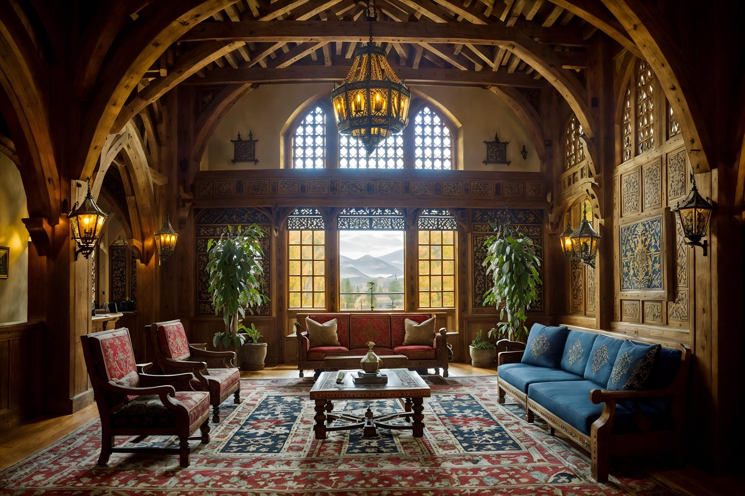 medieval-style (hotel lobby interior) with furniture and lounge chairs and coffee tables and sofas and hanging lamps and plant and check in desk and rug. . with castle interior and medieval shields on the wall and castle interior and intricate wooden inlay designs and carvings and deep colors like red, gold, or blue and gothic appearance and stone walls and timber beams. . cinematic photo, highly detailed, cinematic lighting, ultra-detailed, ultrarealistic, photorealism, 8k. medieval interior design style. masterpiece, cinematic light, ultrarealistic+, photorealistic+, 8k, raw photo, realistic, sharp focus on eyes, (symmetrical eyes), (intact eyes), hyperrealistic, highest quality, best quality, , highly detailed, masterpiece, best quality, extremely detailed 8k wallpaper, masterpiece, best quality, ultra-detailed, best shadow, detailed background, detailed face, detailed eyes, high contrast, best illumination, detailed face, dulux, caustic, dynamic angle, detailed glow. dramatic lighting. highly detailed, insanely detailed hair, symmetrical, intricate details, professionally retouched, 8k high definition. strong bokeh. award winning photo.