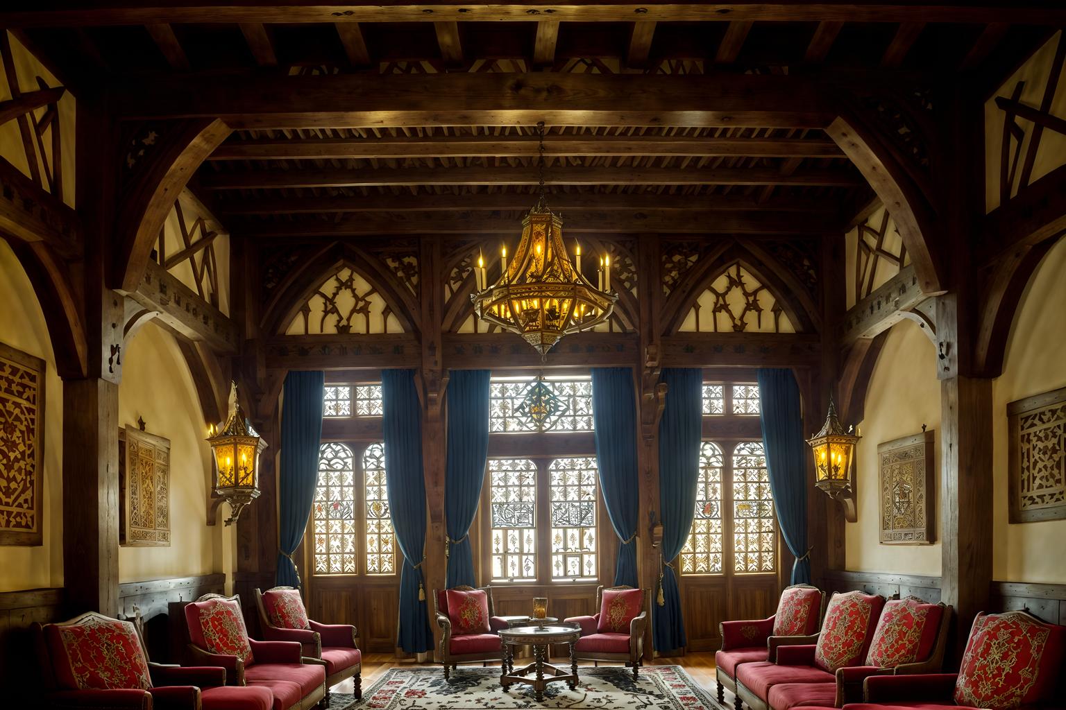 medieval-style (hotel lobby interior) with furniture and lounge chairs and coffee tables and sofas and hanging lamps and plant and check in desk and rug. . with castle interior and medieval shields on the wall and castle interior and intricate wooden inlay designs and carvings and deep colors like red, gold, or blue and gothic appearance and stone walls and timber beams. . cinematic photo, highly detailed, cinematic lighting, ultra-detailed, ultrarealistic, photorealism, 8k. medieval interior design style. masterpiece, cinematic light, ultrarealistic+, photorealistic+, 8k, raw photo, realistic, sharp focus on eyes, (symmetrical eyes), (intact eyes), hyperrealistic, highest quality, best quality, , highly detailed, masterpiece, best quality, extremely detailed 8k wallpaper, masterpiece, best quality, ultra-detailed, best shadow, detailed background, detailed face, detailed eyes, high contrast, best illumination, detailed face, dulux, caustic, dynamic angle, detailed glow. dramatic lighting. highly detailed, insanely detailed hair, symmetrical, intricate details, professionally retouched, 8k high definition. strong bokeh. award winning photo.