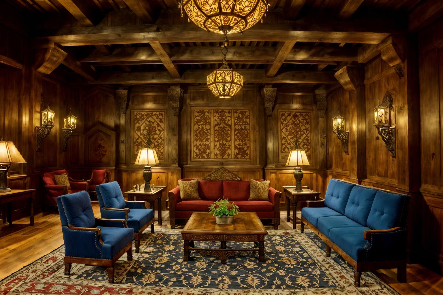 medieval-style (hotel lobby interior) with furniture and lounge chairs and coffee tables and sofas and hanging lamps and plant and check in desk and rug. . with castle interior and medieval shields on the wall and castle interior and intricate wooden inlay designs and carvings and deep colors like red, gold, or blue and gothic appearance and stone walls and timber beams. . cinematic photo, highly detailed, cinematic lighting, ultra-detailed, ultrarealistic, photorealism, 8k. medieval interior design style. masterpiece, cinematic light, ultrarealistic+, photorealistic+, 8k, raw photo, realistic, sharp focus on eyes, (symmetrical eyes), (intact eyes), hyperrealistic, highest quality, best quality, , highly detailed, masterpiece, best quality, extremely detailed 8k wallpaper, masterpiece, best quality, ultra-detailed, best shadow, detailed background, detailed face, detailed eyes, high contrast, best illumination, detailed face, dulux, caustic, dynamic angle, detailed glow. dramatic lighting. highly detailed, insanely detailed hair, symmetrical, intricate details, professionally retouched, 8k high definition. strong bokeh. award winning photo.