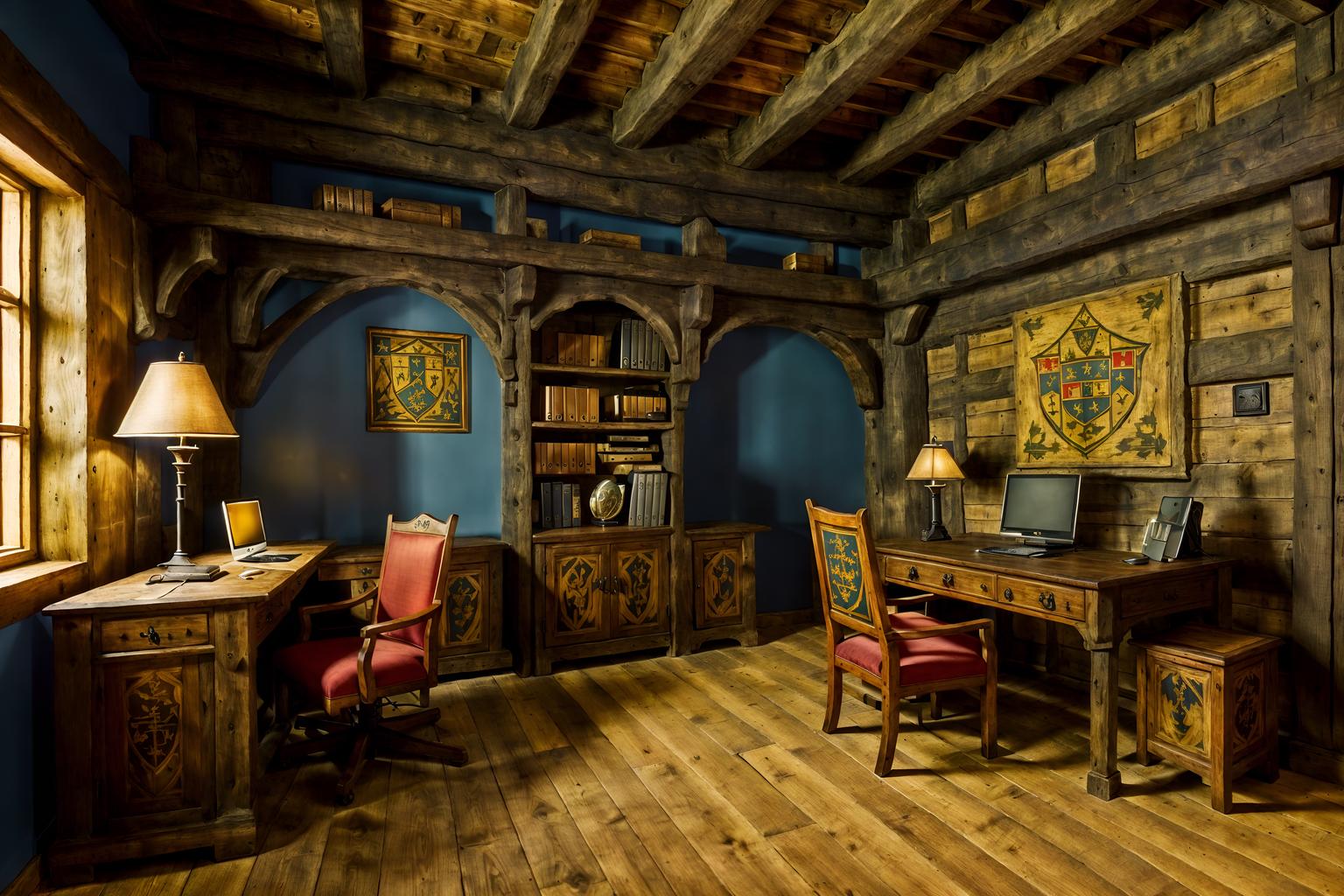medieval-style (home office interior) with computer desk and desk lamp and plant and cabinets and office chair and computer desk. . with upholstery on chairs and sofas and castle interior and timber beams and deep colors like red, gold, or blue and timber walls and castle interior and medieval shields on the wall and castle interior. . cinematic photo, highly detailed, cinematic lighting, ultra-detailed, ultrarealistic, photorealism, 8k. medieval interior design style. masterpiece, cinematic light, ultrarealistic+, photorealistic+, 8k, raw photo, realistic, sharp focus on eyes, (symmetrical eyes), (intact eyes), hyperrealistic, highest quality, best quality, , highly detailed, masterpiece, best quality, extremely detailed 8k wallpaper, masterpiece, best quality, ultra-detailed, best shadow, detailed background, detailed face, detailed eyes, high contrast, best illumination, detailed face, dulux, caustic, dynamic angle, detailed glow. dramatic lighting. highly detailed, insanely detailed hair, symmetrical, intricate details, professionally retouched, 8k high definition. strong bokeh. award winning photo.