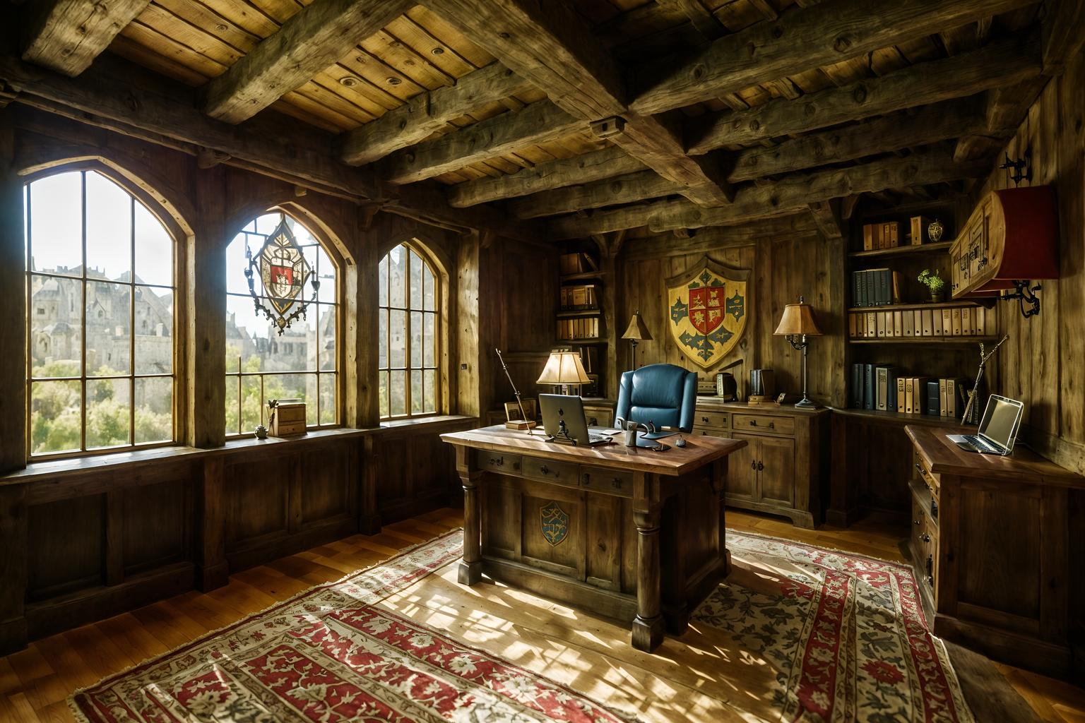 medieval-style (home office interior) with computer desk and desk lamp and plant and cabinets and office chair and computer desk. . with upholstery on chairs and sofas and castle interior and timber beams and deep colors like red, gold, or blue and timber walls and castle interior and medieval shields on the wall and castle interior. . cinematic photo, highly detailed, cinematic lighting, ultra-detailed, ultrarealistic, photorealism, 8k. medieval interior design style. masterpiece, cinematic light, ultrarealistic+, photorealistic+, 8k, raw photo, realistic, sharp focus on eyes, (symmetrical eyes), (intact eyes), hyperrealistic, highest quality, best quality, , highly detailed, masterpiece, best quality, extremely detailed 8k wallpaper, masterpiece, best quality, ultra-detailed, best shadow, detailed background, detailed face, detailed eyes, high contrast, best illumination, detailed face, dulux, caustic, dynamic angle, detailed glow. dramatic lighting. highly detailed, insanely detailed hair, symmetrical, intricate details, professionally retouched, 8k high definition. strong bokeh. award winning photo.