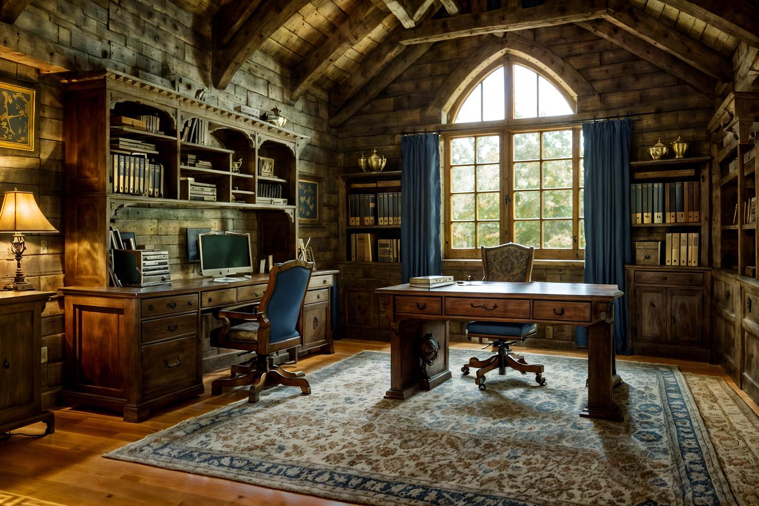 medieval-style (home office interior) with computer desk and desk lamp and plant and cabinets and office chair and computer desk. . with upholstery on chairs and sofas and castle interior and timber beams and deep colors like red, gold, or blue and timber walls and castle interior and medieval shields on the wall and castle interior. . cinematic photo, highly detailed, cinematic lighting, ultra-detailed, ultrarealistic, photorealism, 8k. medieval interior design style. masterpiece, cinematic light, ultrarealistic+, photorealistic+, 8k, raw photo, realistic, sharp focus on eyes, (symmetrical eyes), (intact eyes), hyperrealistic, highest quality, best quality, , highly detailed, masterpiece, best quality, extremely detailed 8k wallpaper, masterpiece, best quality, ultra-detailed, best shadow, detailed background, detailed face, detailed eyes, high contrast, best illumination, detailed face, dulux, caustic, dynamic angle, detailed glow. dramatic lighting. highly detailed, insanely detailed hair, symmetrical, intricate details, professionally retouched, 8k high definition. strong bokeh. award winning photo.