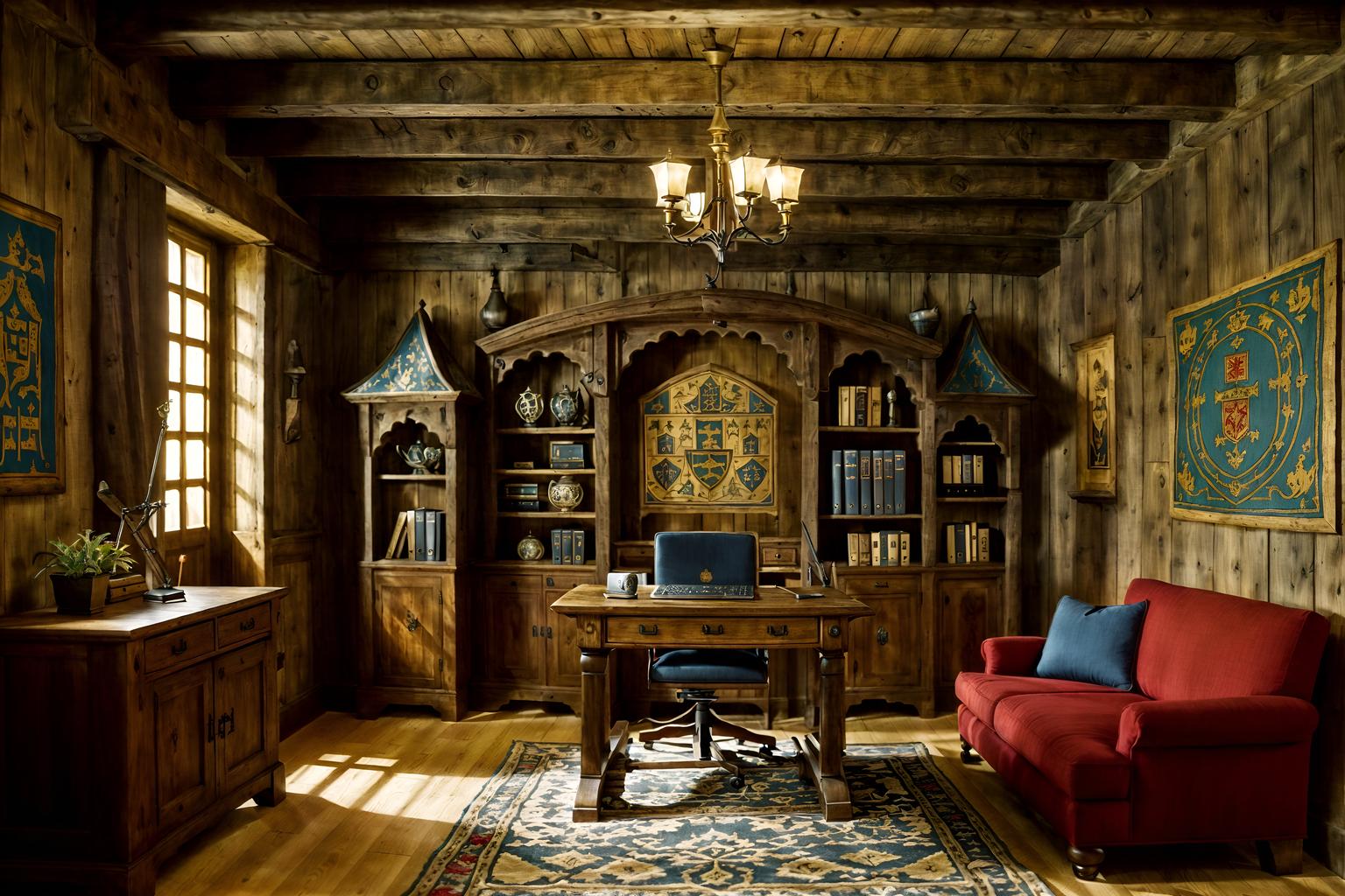 medieval-style (home office interior) with computer desk and desk lamp and plant and cabinets and office chair and computer desk. . with upholstery on chairs and sofas and castle interior and timber beams and deep colors like red, gold, or blue and timber walls and castle interior and medieval shields on the wall and castle interior. . cinematic photo, highly detailed, cinematic lighting, ultra-detailed, ultrarealistic, photorealism, 8k. medieval interior design style. masterpiece, cinematic light, ultrarealistic+, photorealistic+, 8k, raw photo, realistic, sharp focus on eyes, (symmetrical eyes), (intact eyes), hyperrealistic, highest quality, best quality, , highly detailed, masterpiece, best quality, extremely detailed 8k wallpaper, masterpiece, best quality, ultra-detailed, best shadow, detailed background, detailed face, detailed eyes, high contrast, best illumination, detailed face, dulux, caustic, dynamic angle, detailed glow. dramatic lighting. highly detailed, insanely detailed hair, symmetrical, intricate details, professionally retouched, 8k high definition. strong bokeh. award winning photo.