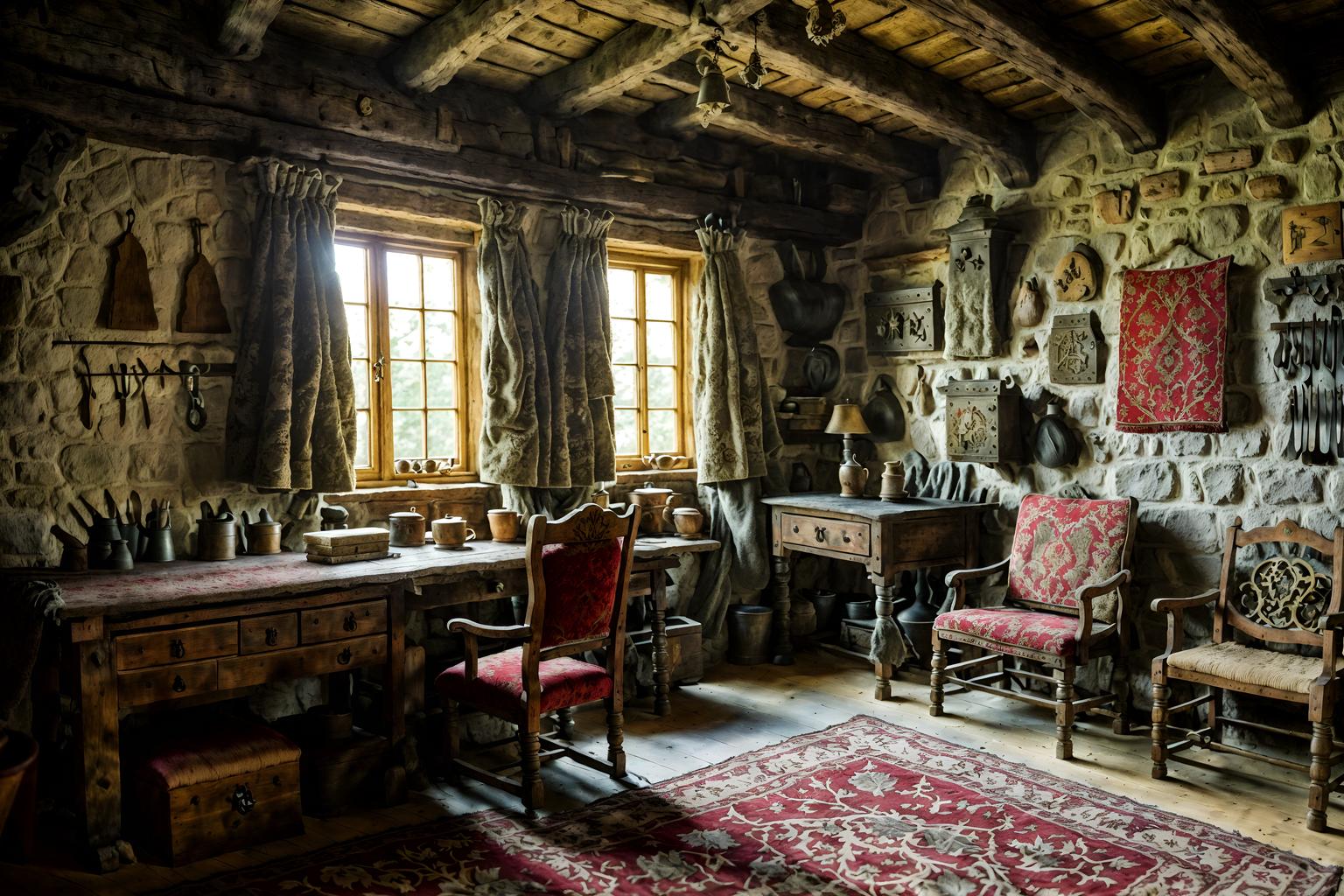 medieval-style (workshop interior) with messy and wooden workbench and tool wall and messy. . with castle interior and stone walls and timber walls and upholstery on chairs and sofas and velvet, chenille, damask, and brocade draperies and fabrics and medieval shields on the wall and heavy furniture pieces and deep colors like red, gold, or blue. . cinematic photo, highly detailed, cinematic lighting, ultra-detailed, ultrarealistic, photorealism, 8k. medieval interior design style. masterpiece, cinematic light, ultrarealistic+, photorealistic+, 8k, raw photo, realistic, sharp focus on eyes, (symmetrical eyes), (intact eyes), hyperrealistic, highest quality, best quality, , highly detailed, masterpiece, best quality, extremely detailed 8k wallpaper, masterpiece, best quality, ultra-detailed, best shadow, detailed background, detailed face, detailed eyes, high contrast, best illumination, detailed face, dulux, caustic, dynamic angle, detailed glow. dramatic lighting. highly detailed, insanely detailed hair, symmetrical, intricate details, professionally retouched, 8k high definition. strong bokeh. award winning photo.