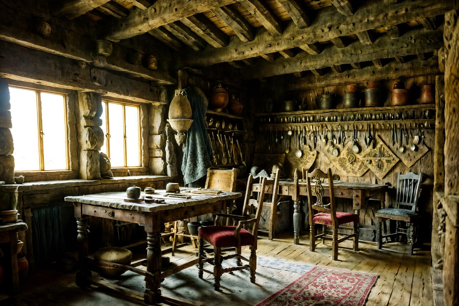 medieval-style (workshop interior) with messy and wooden workbench and tool wall and messy. . with castle interior and stone walls and timber walls and upholstery on chairs and sofas and velvet, chenille, damask, and brocade draperies and fabrics and medieval shields on the wall and heavy furniture pieces and deep colors like red, gold, or blue. . cinematic photo, highly detailed, cinematic lighting, ultra-detailed, ultrarealistic, photorealism, 8k. medieval interior design style. masterpiece, cinematic light, ultrarealistic+, photorealistic+, 8k, raw photo, realistic, sharp focus on eyes, (symmetrical eyes), (intact eyes), hyperrealistic, highest quality, best quality, , highly detailed, masterpiece, best quality, extremely detailed 8k wallpaper, masterpiece, best quality, ultra-detailed, best shadow, detailed background, detailed face, detailed eyes, high contrast, best illumination, detailed face, dulux, caustic, dynamic angle, detailed glow. dramatic lighting. highly detailed, insanely detailed hair, symmetrical, intricate details, professionally retouched, 8k high definition. strong bokeh. award winning photo.