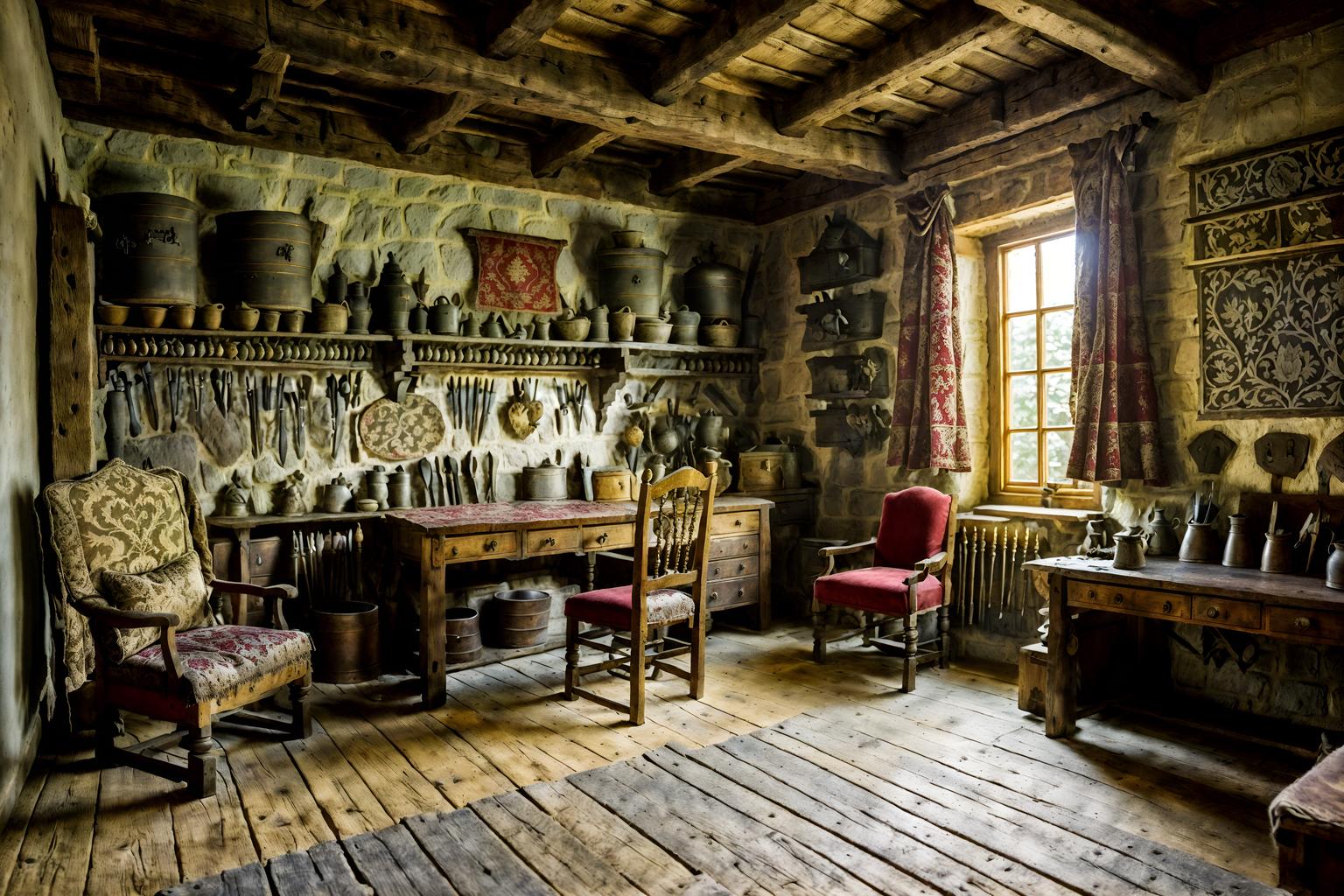 medieval-style (workshop interior) with messy and wooden workbench and tool wall and messy. . with castle interior and stone walls and timber walls and upholstery on chairs and sofas and velvet, chenille, damask, and brocade draperies and fabrics and medieval shields on the wall and heavy furniture pieces and deep colors like red, gold, or blue. . cinematic photo, highly detailed, cinematic lighting, ultra-detailed, ultrarealistic, photorealism, 8k. medieval interior design style. masterpiece, cinematic light, ultrarealistic+, photorealistic+, 8k, raw photo, realistic, sharp focus on eyes, (symmetrical eyes), (intact eyes), hyperrealistic, highest quality, best quality, , highly detailed, masterpiece, best quality, extremely detailed 8k wallpaper, masterpiece, best quality, ultra-detailed, best shadow, detailed background, detailed face, detailed eyes, high contrast, best illumination, detailed face, dulux, caustic, dynamic angle, detailed glow. dramatic lighting. highly detailed, insanely detailed hair, symmetrical, intricate details, professionally retouched, 8k high definition. strong bokeh. award winning photo.