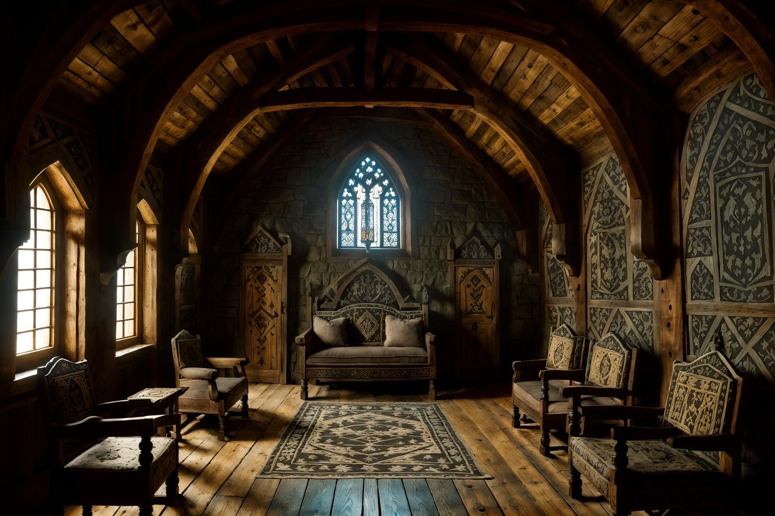 medieval-style (attic interior) . with gothic appearance and stone walls and carved wooden chairs and castle interior and medieval shields on the wall and castle interior and intricate wooden inlay designs and carvings and upholstery on chairs and sofas. . cinematic photo, highly detailed, cinematic lighting, ultra-detailed, ultrarealistic, photorealism, 8k. medieval interior design style. masterpiece, cinematic light, ultrarealistic+, photorealistic+, 8k, raw photo, realistic, sharp focus on eyes, (symmetrical eyes), (intact eyes), hyperrealistic, highest quality, best quality, , highly detailed, masterpiece, best quality, extremely detailed 8k wallpaper, masterpiece, best quality, ultra-detailed, best shadow, detailed background, detailed face, detailed eyes, high contrast, best illumination, detailed face, dulux, caustic, dynamic angle, detailed glow. dramatic lighting. highly detailed, insanely detailed hair, symmetrical, intricate details, professionally retouched, 8k high definition. strong bokeh. award winning photo.